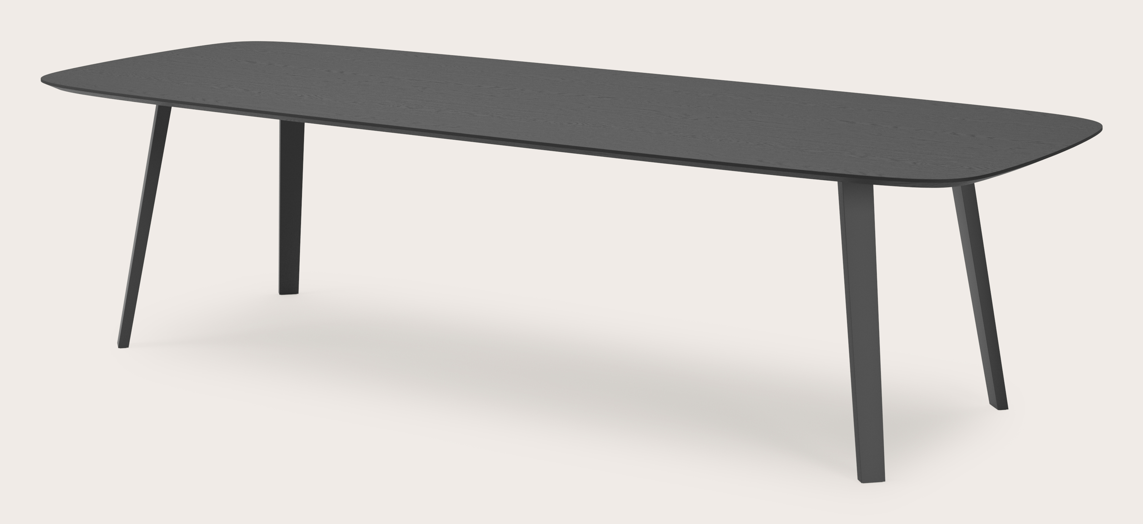 Eettafel Clino onderstel in zwart metaal met bootvormig Finesso blad in zwarte eik 300 x 115 x 77 cm