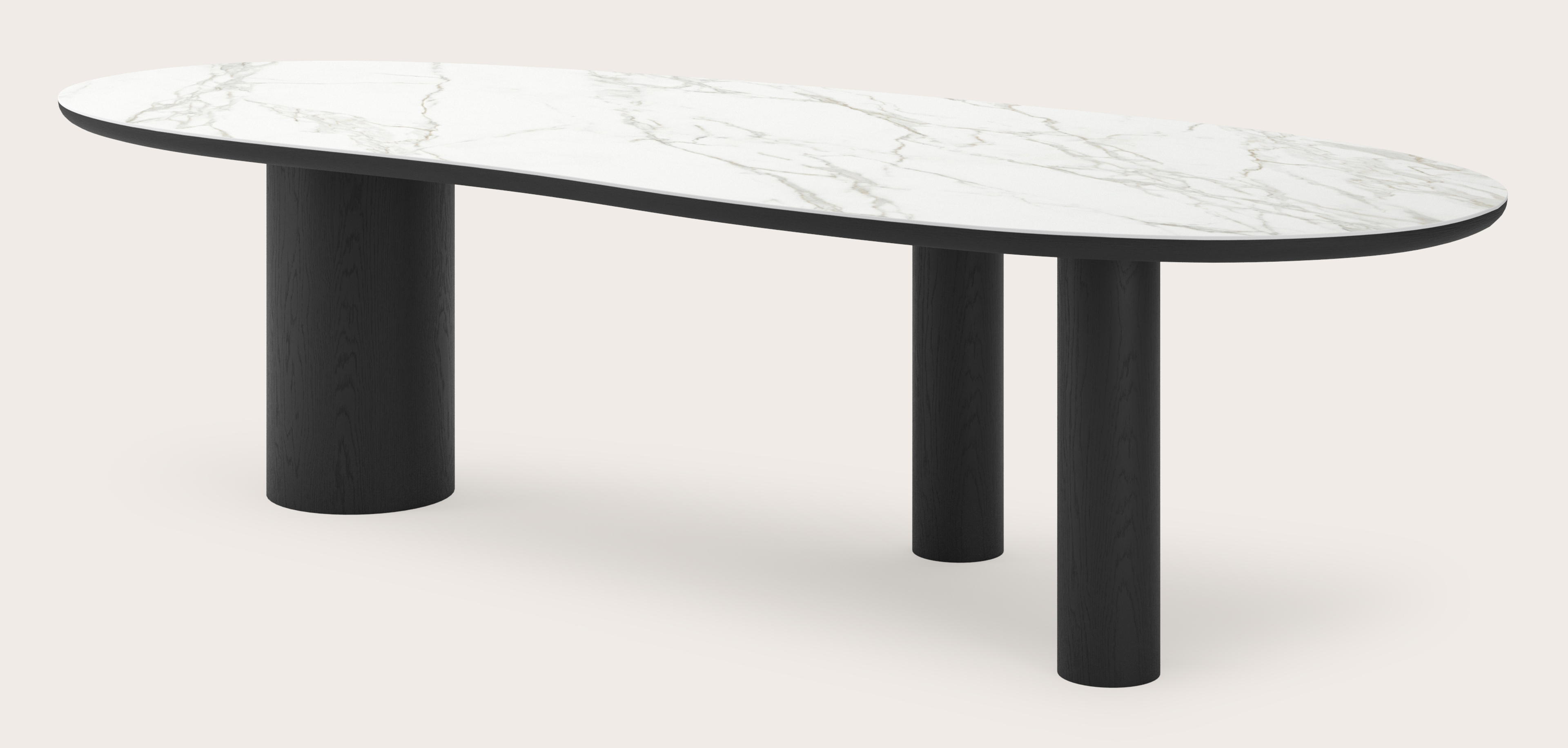 Eettafel Amato Rondo onderstel in zwarte eik met Blobvormig volkeramisch Ceramo blad in kleur Calacatta 300 x 122 x 77 cm