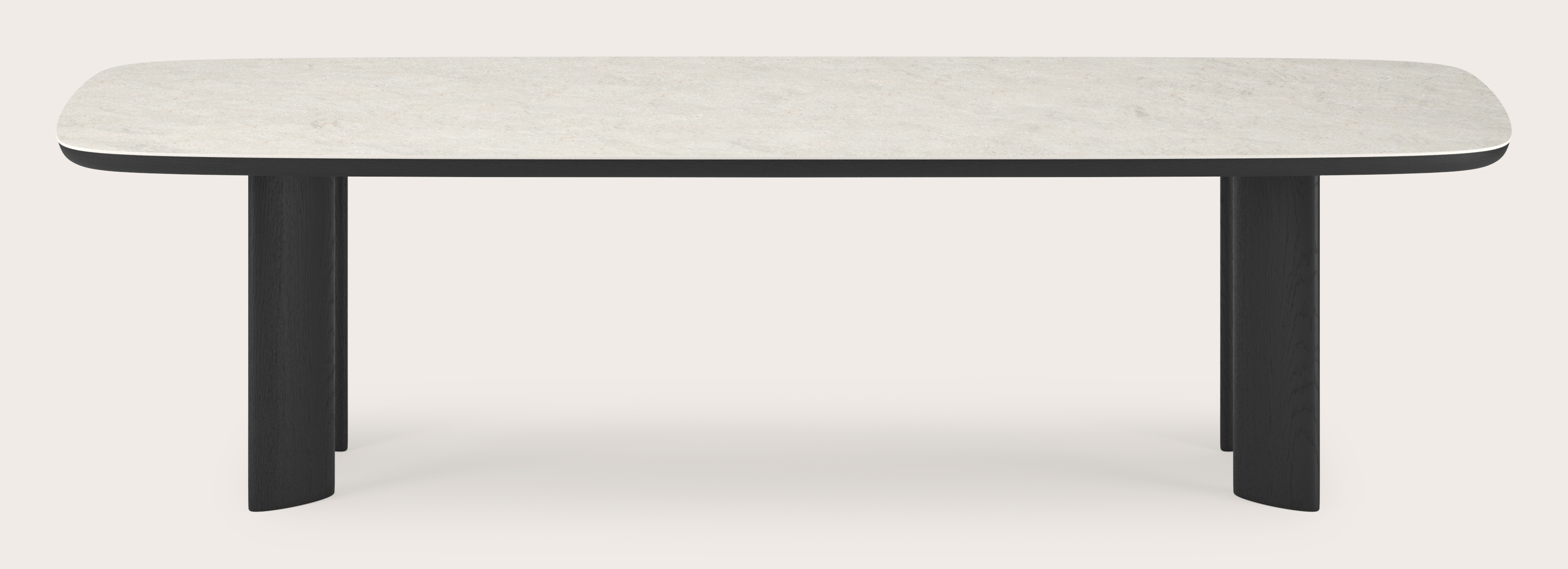 Eettafel Amato Ellipso onderstel in zwarte eik met bootvormig volkeramisch Ceramo blad in kleur Shilin 300 x 115 x 76 cm