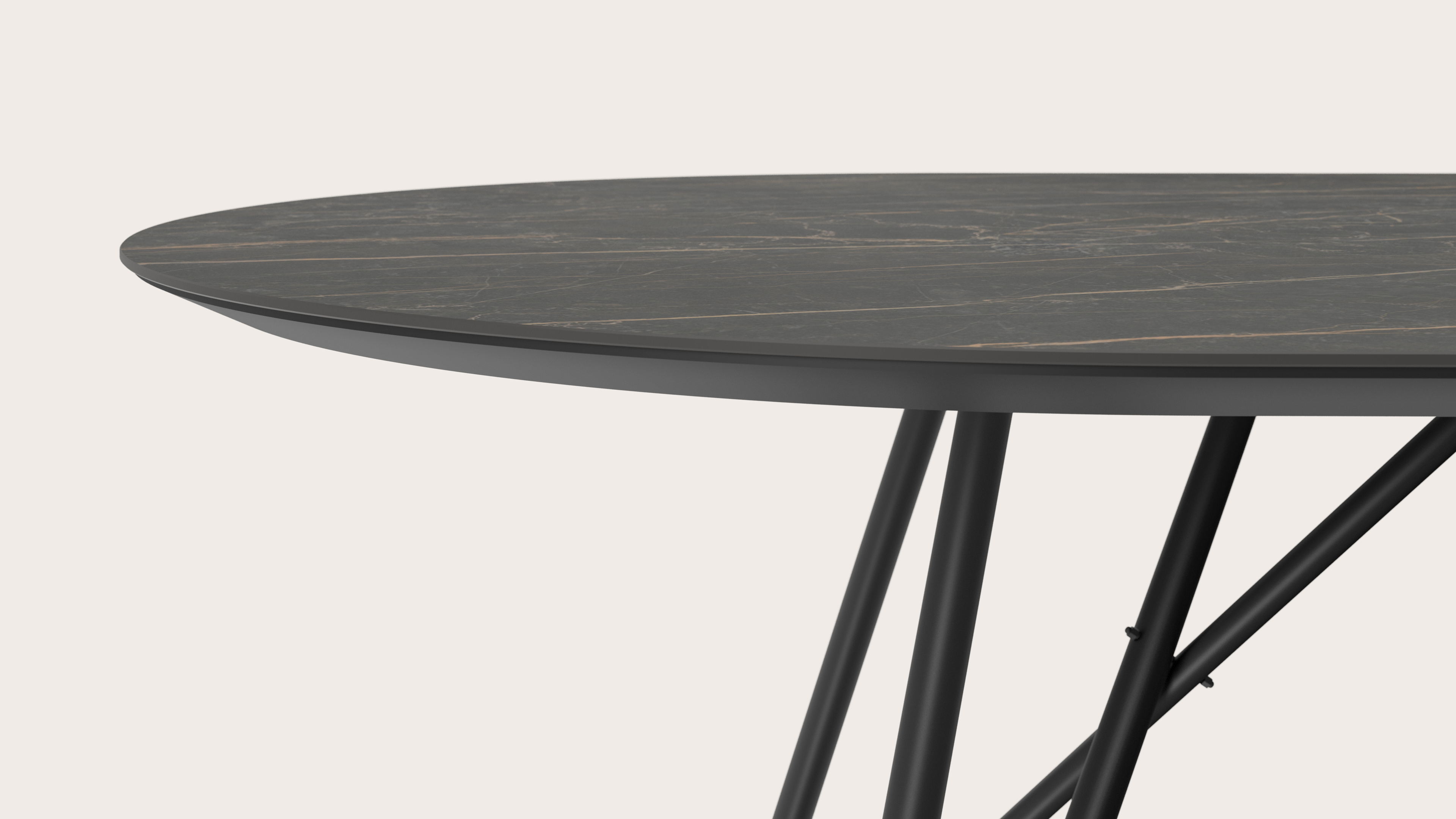 Table de salle à manger Ragno armature en métal noir avec plateau Ceramo ovale plat en céramique en couleur Black Obsession 260 x 115 x 77 cm 