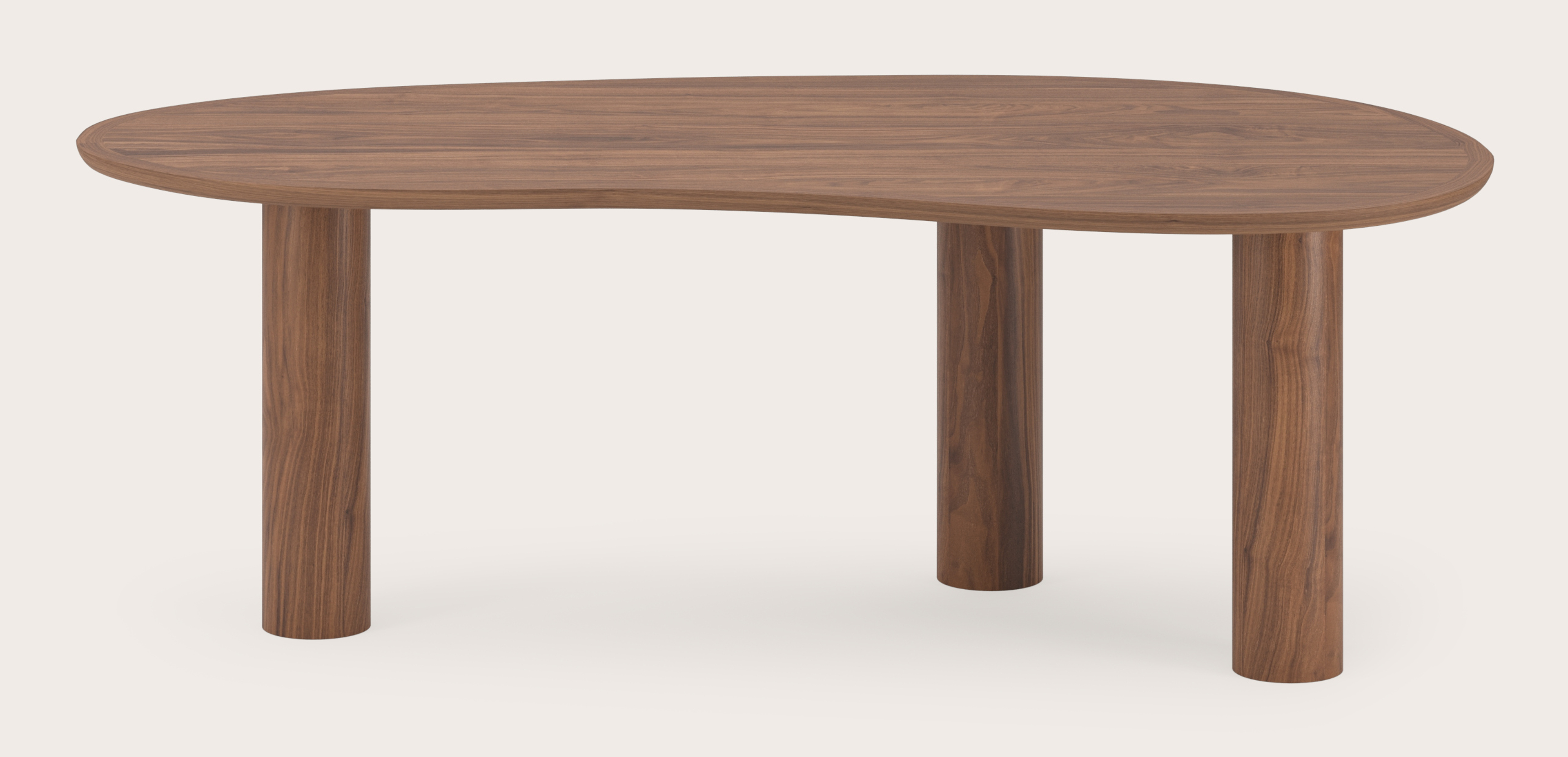 Eettafel Amato Rondo onderstel met blobvormig Amato blad in walnoot 220 x 112 x 76 cm