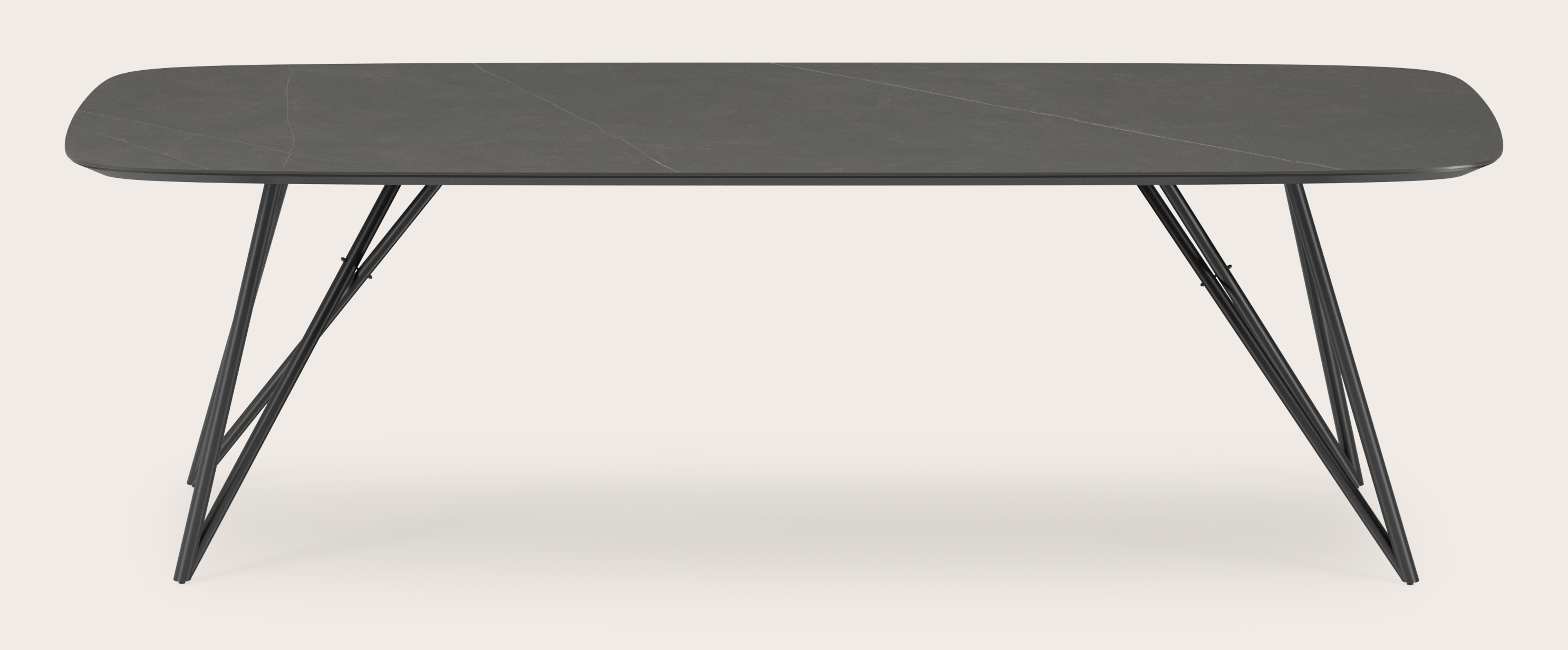 Table de salle à manger Ragno armature en métal noir avec plateau Ceramo forme arrondi en céramique en couleur Calatorao 260 x 110 x 77 cm