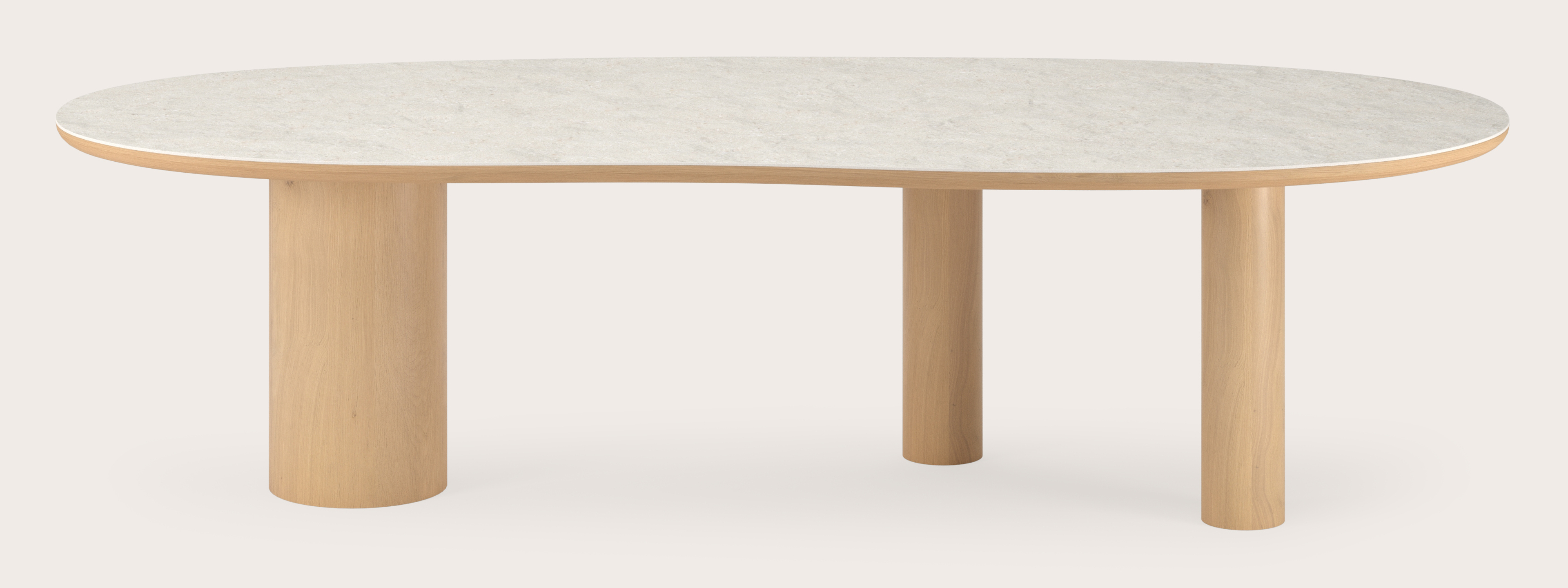 Eettafel Amato Rondo onderstel in natuurkleurige eik met Blobvormig volkeramisch Ceramo blad in kleur Shilin 300 x 122 x 77 cm