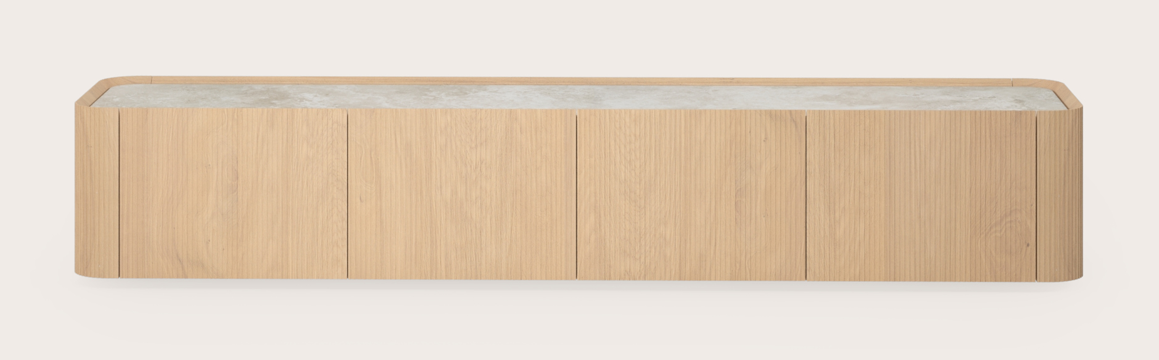 Meuble tv Grivato en chêne couleur naturelle avec pieds ronds avec plateau Ceramo rond en céramique en couleur Rapolano 203 x 45 cm