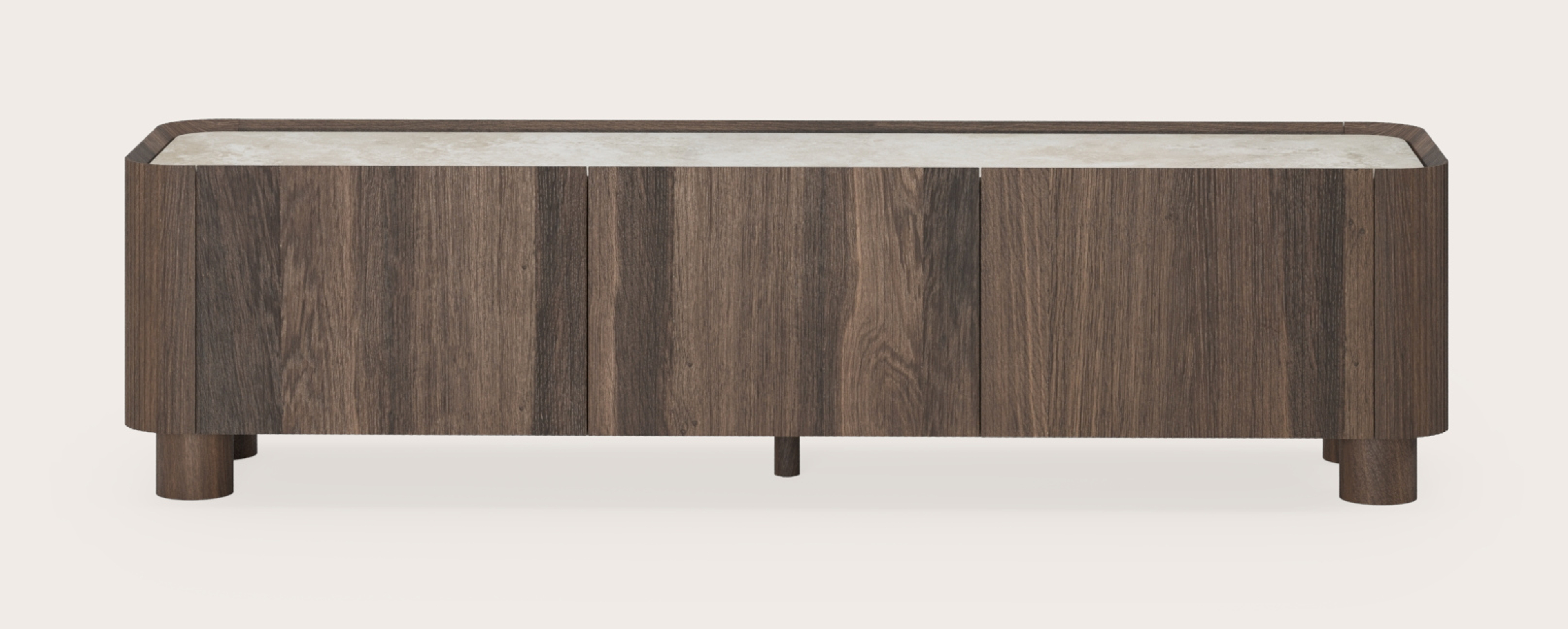 Meuble tv Grivato en chêne fumé avec pieds ronds avec plateau Ceramo rond en céramique en couleur Rapolano 169 x 45 cm