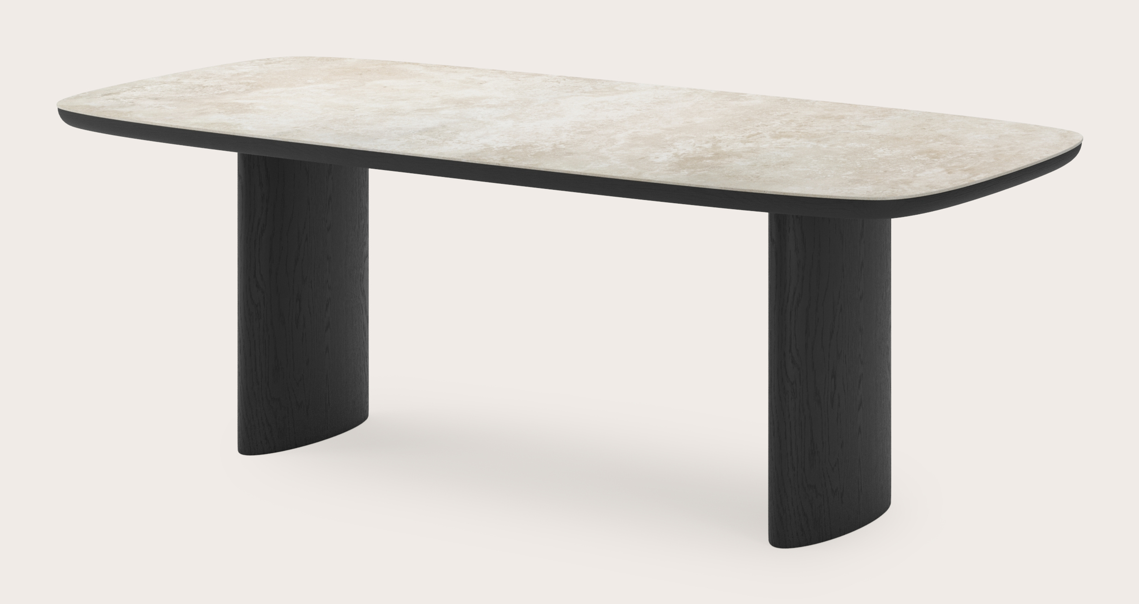 Table de salle à manger Amato Ellipso armature en chêne noir avec plateau Ceramo forme arrondie en céramique en couleur Rapolano 220 x 105 x 76 cm