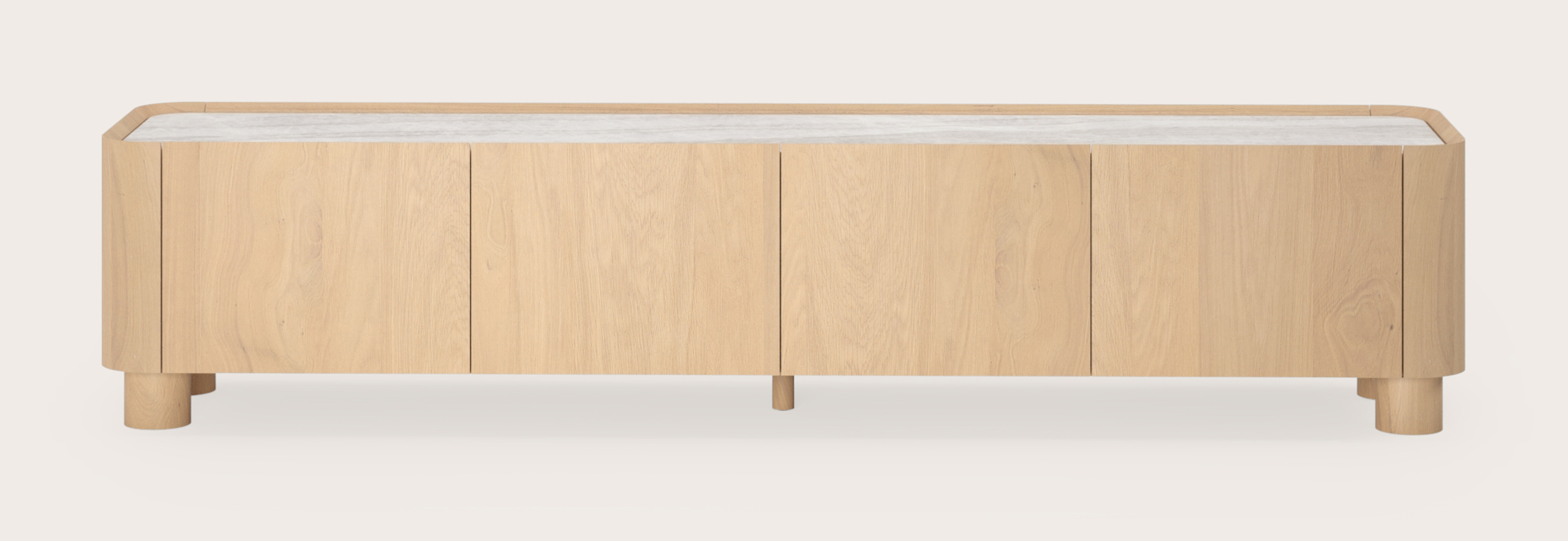 Meuble tv Curvato en chêne couleur naturelle avec pieds ronds en bois avec plateau Ceramo en céramique en couleur Taj Mahal 203 x 45 x 44 cm