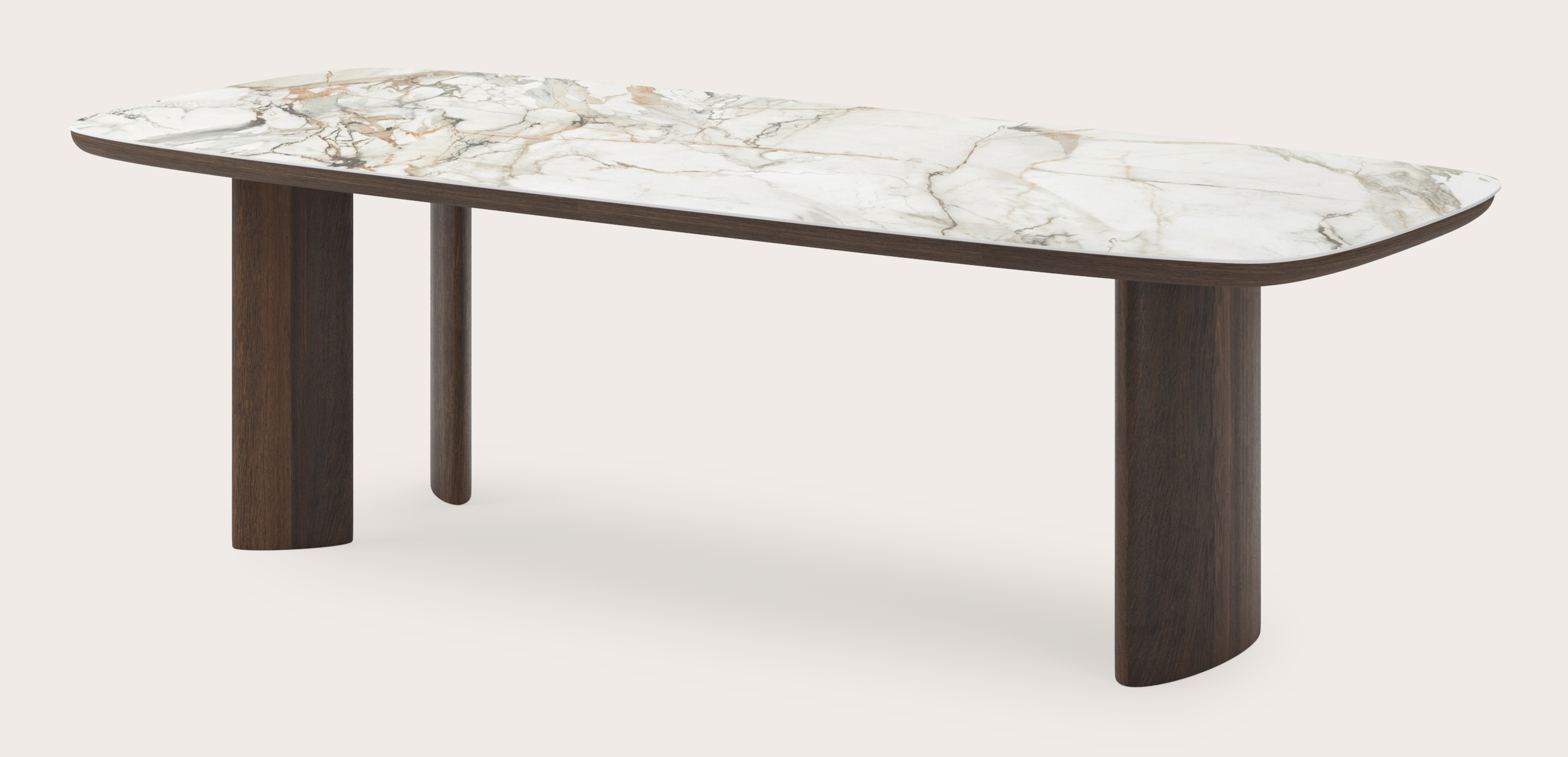 Table de salle à manger Amato Ellipso armature en chêne fumé avec plateau Ceramo forme arrondie en céramique en couleur Calacatta Luxe 260 x 110 x 76 cm