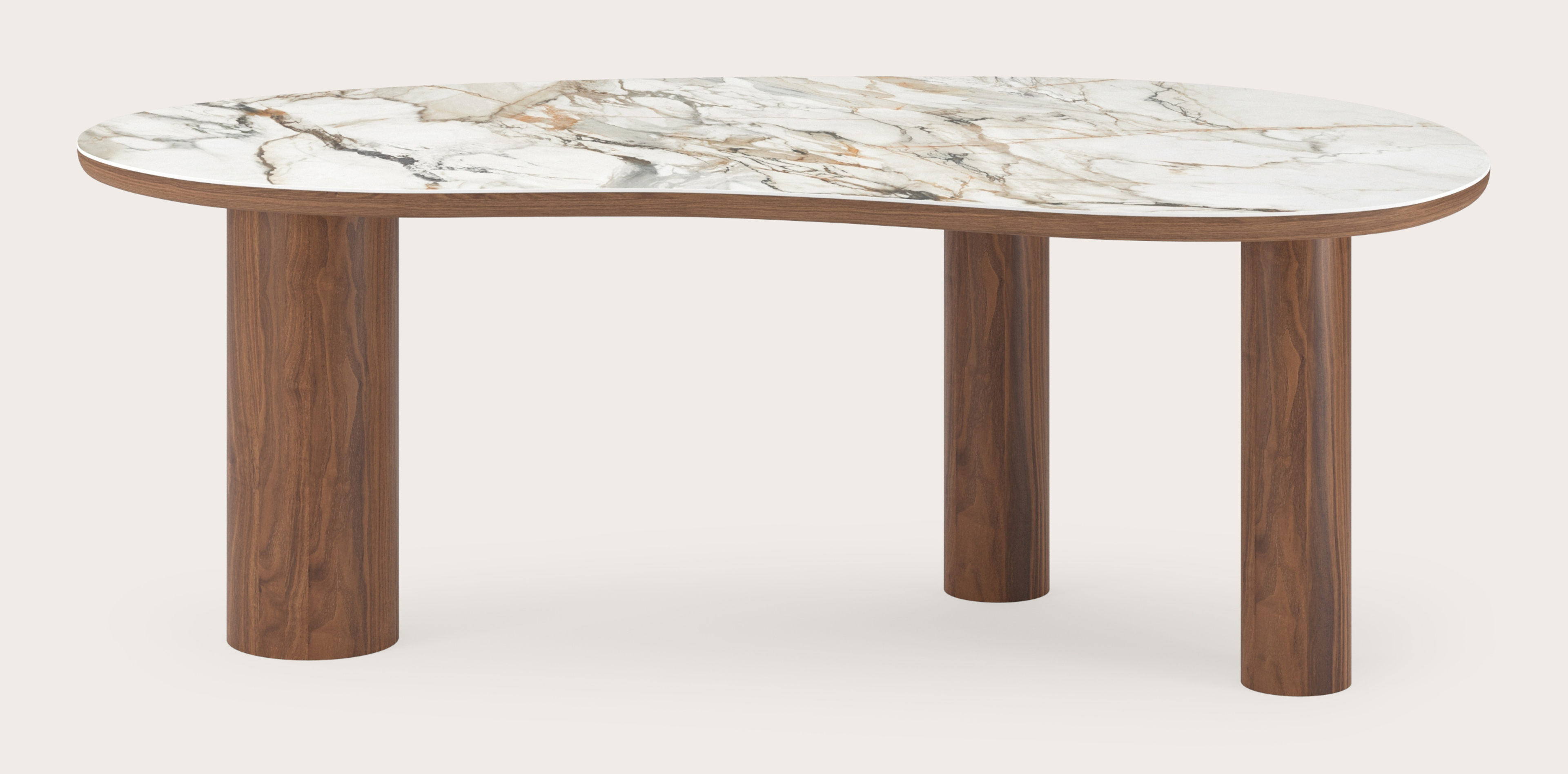 Eettafel Amato Rondo onderstel in walnoot met Blobvormig volkeramisch Ceramo blad in kleur Calacatta Luxe 220 x 112 x 77 cm