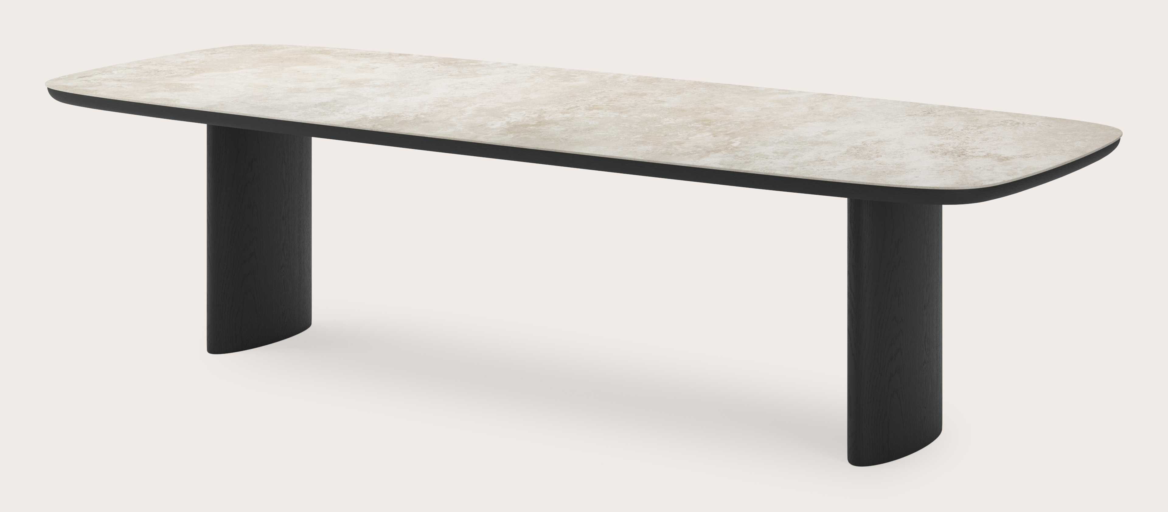 Eettafel Amato Ellipso onderstel in zwarte eik met bootvormig volkeramisch Ceramo blad in kleur Rapolano 300 x 115 x 76 cm