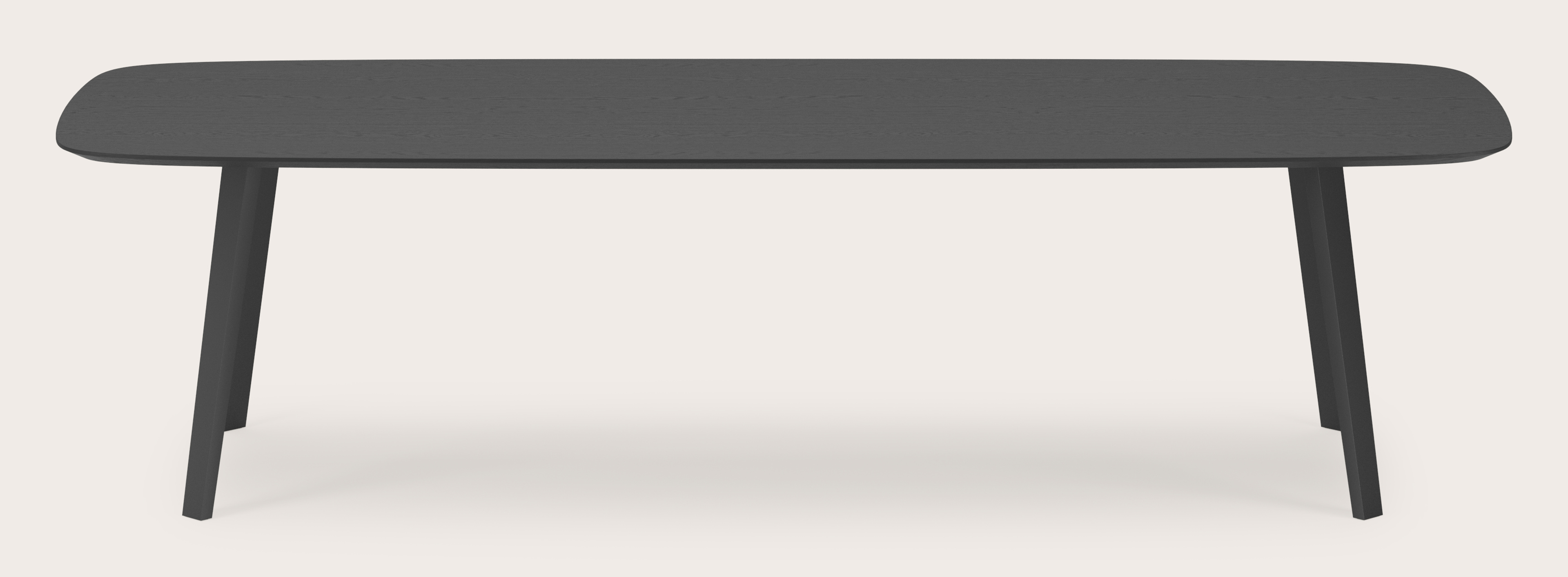 Eettafel Clino onderstel in zwart metaal met bootvormig Finesso blad in zwarte eik 300 x 115 x 77 cm