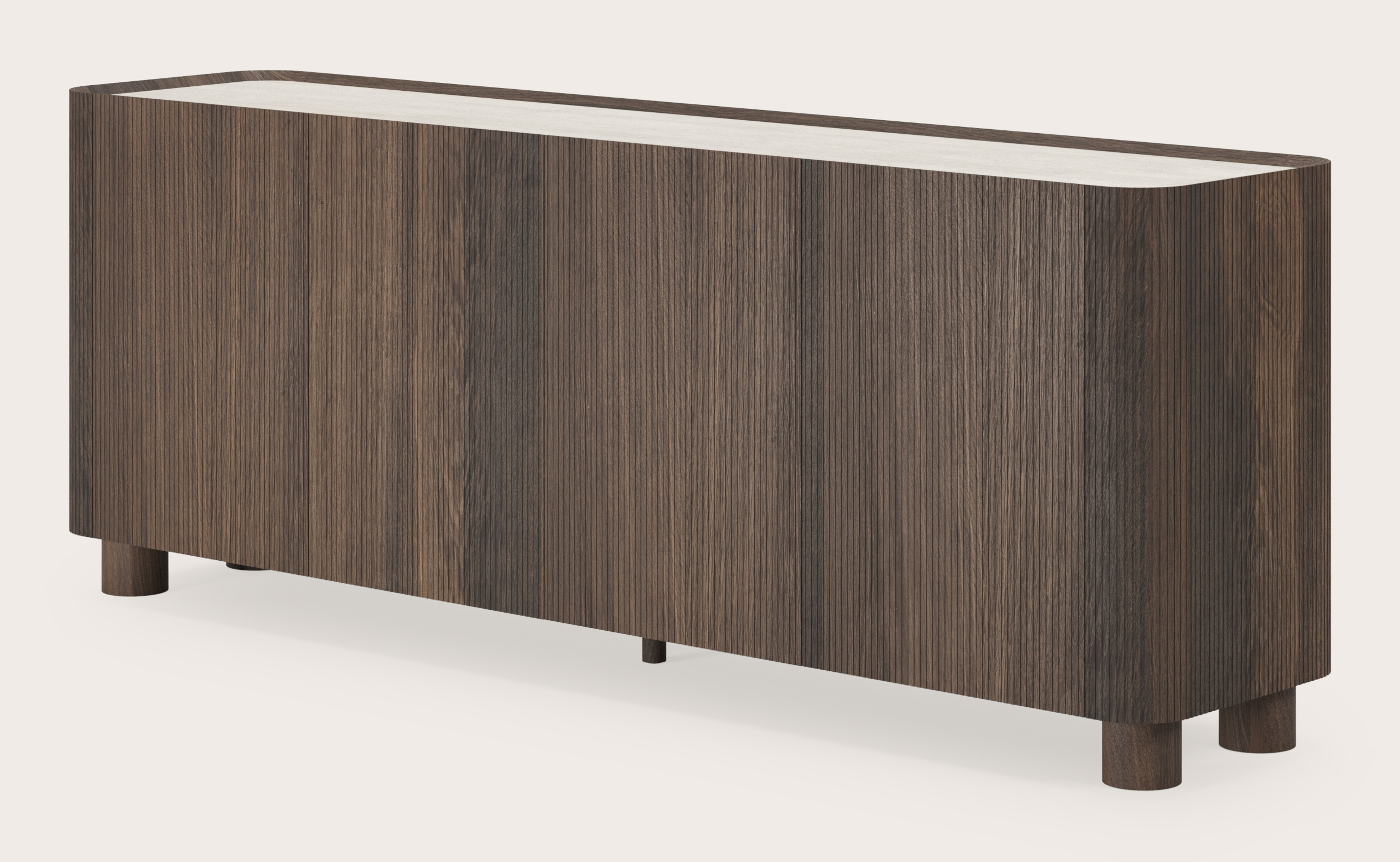 Grivato dressoir in gerookte eik met ronde poten met volkeramisch Ceramo blad in kleur Travertino Bianco 203 x 45 cm