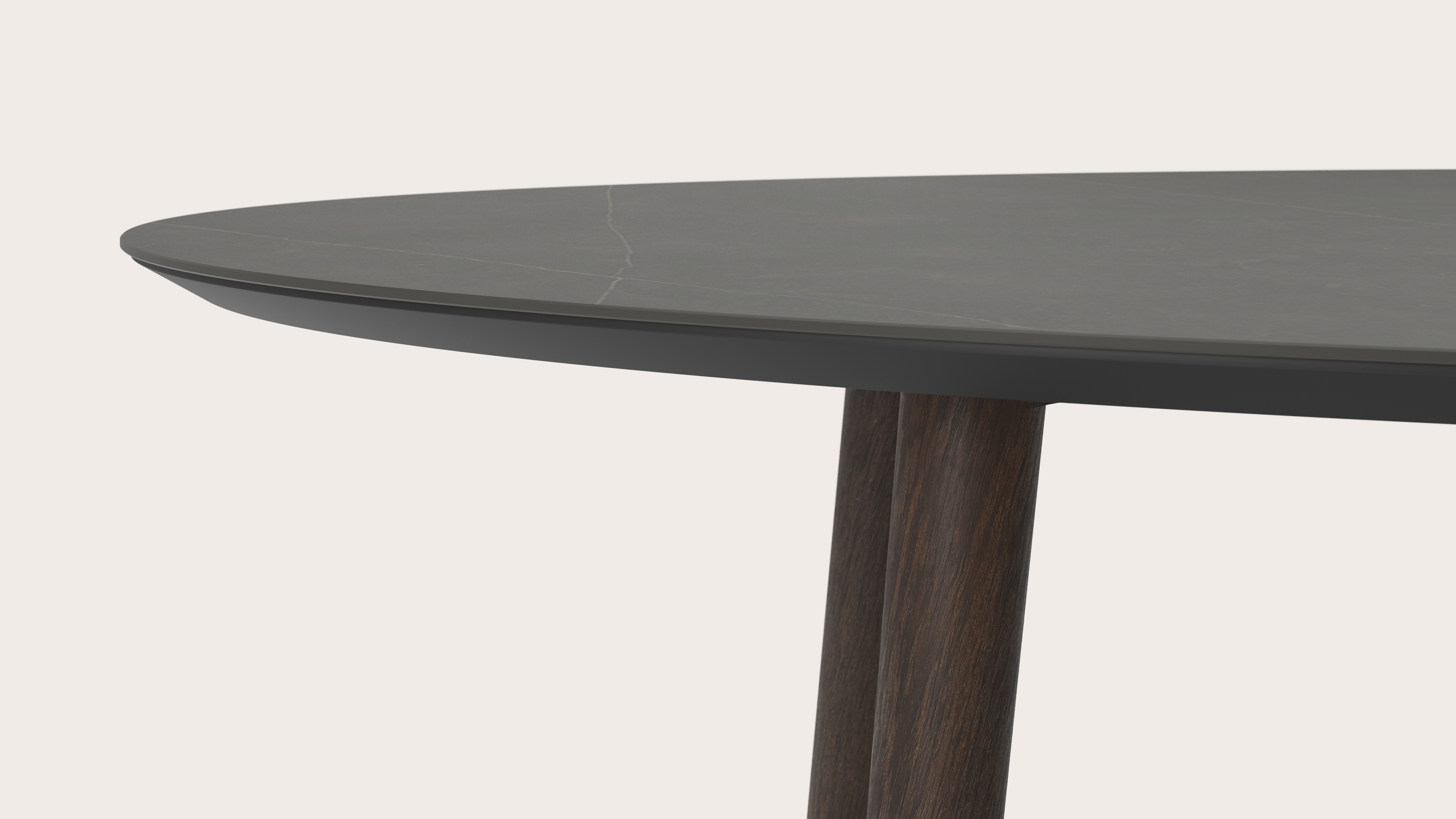 Eettafel Conico onderstel in gerookte eik met ovaal volkeramisch Ceramo blad in kleur Calatorao 260 x 130 x 77 cm