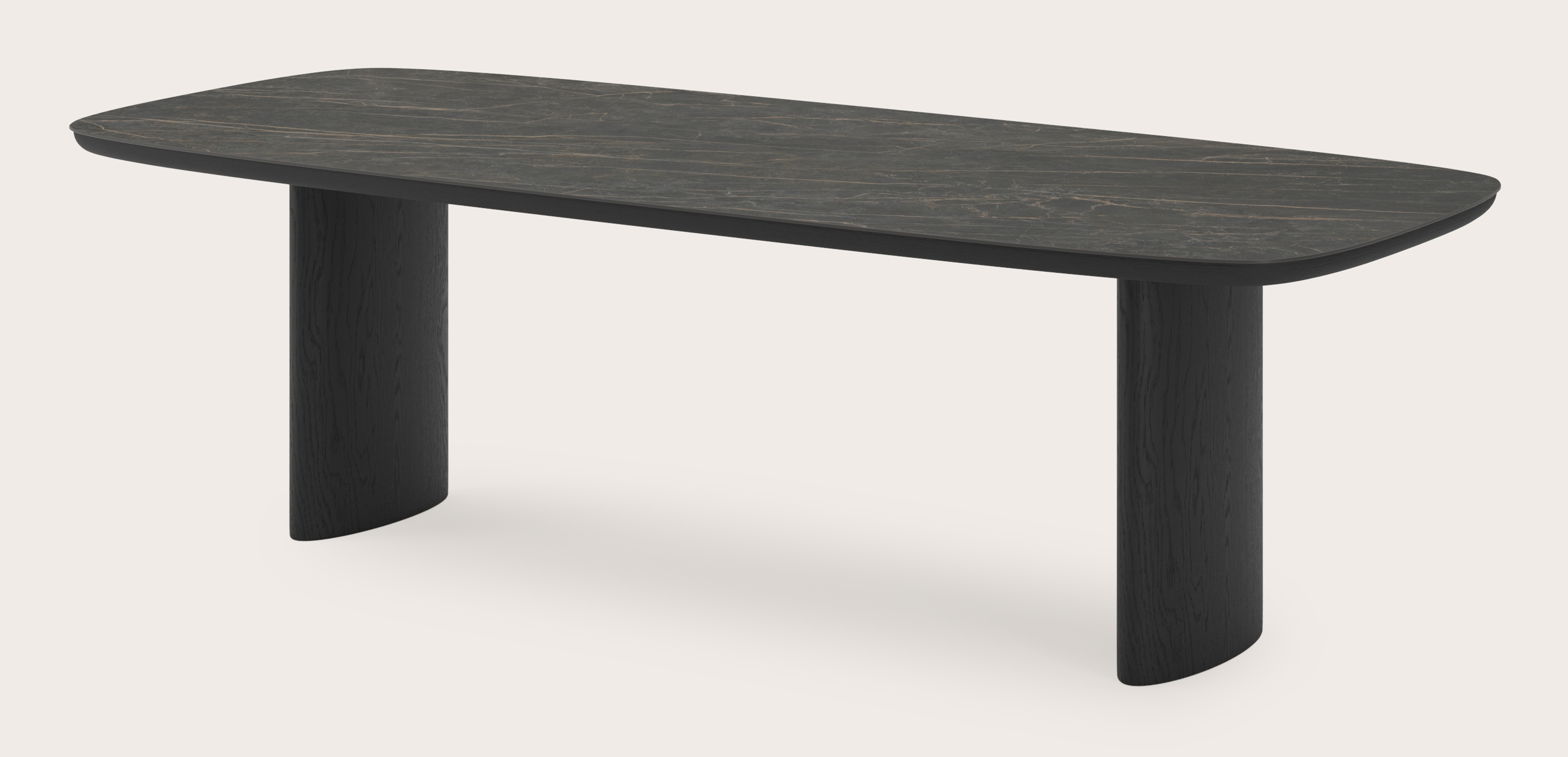 Table de salle à manger Amato Ellipso armature en chêne noir avec plateau Ceramo forme arrondie en céramique en couleur Black Obsession 260 x 110 x 76 cm