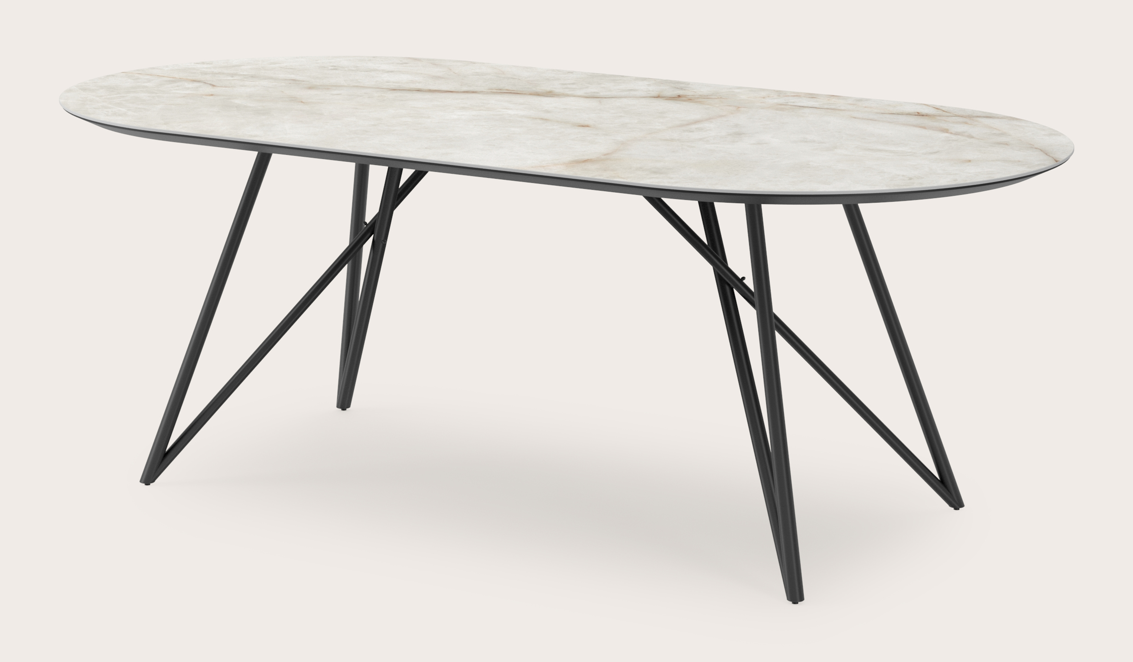 Eettafel Ragno onderstel in zwart metaal met plat ovaal volkeramisch Ceramo blad in kleur Himalaya 220 x 110 x 77 cm