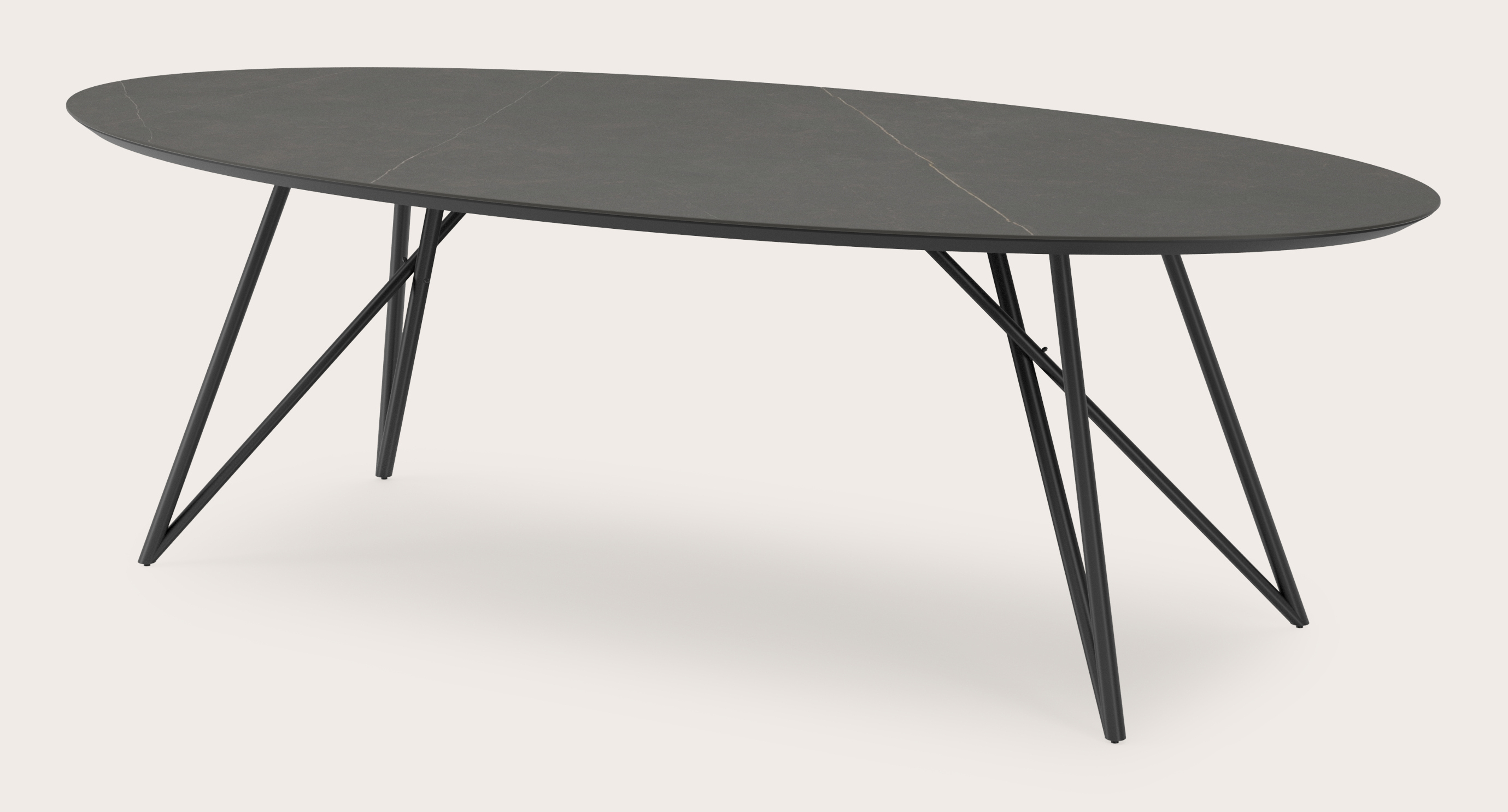 Table de salle à manger Ragno armature en métal noir avec plateau Ceramo ovale en céramique en couleur Calatorao 260 x 130 x 76 cm