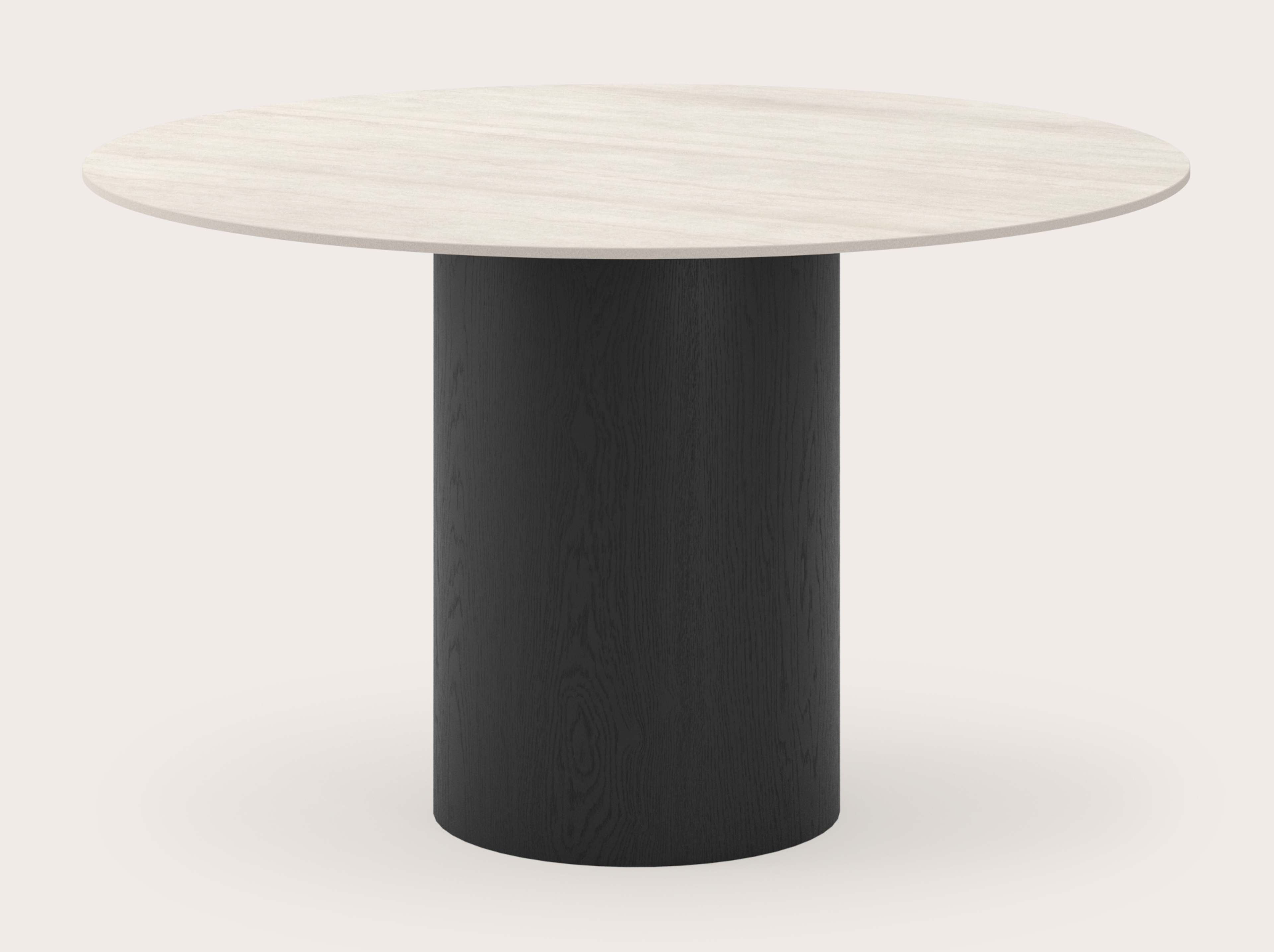 Eettafel Amato Rondo onderstel in zwarte eik met rond volkeramisch Ceramo Lux eettafelblad in kleur Travertino Bianco Ø130 cm