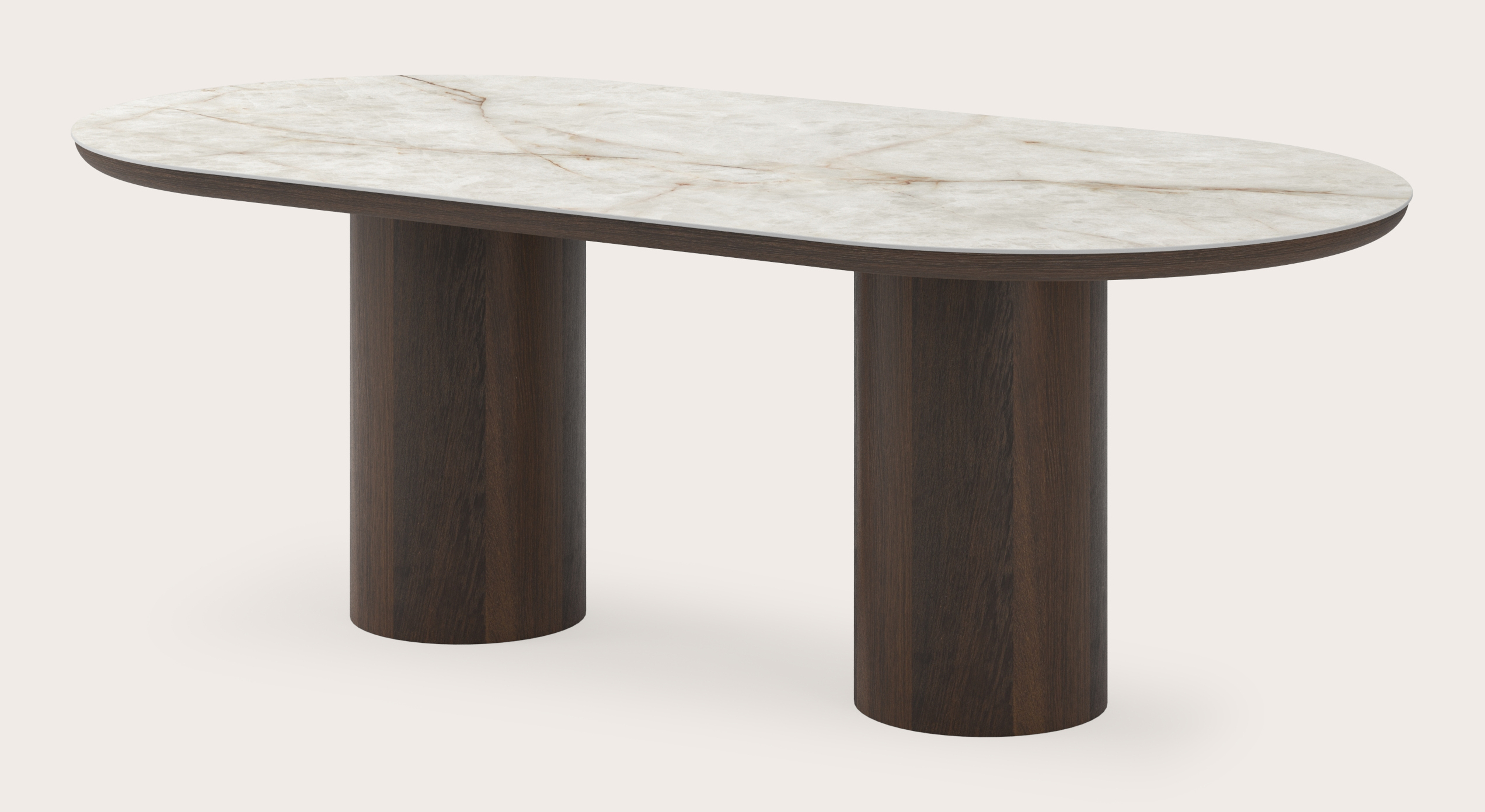 Table de salle à manger Amato Rondo armature en chêne fumé avec plateau Ceramo ovale plat en céramique en couleur Himalaya 220 x 110 x 76 cm
