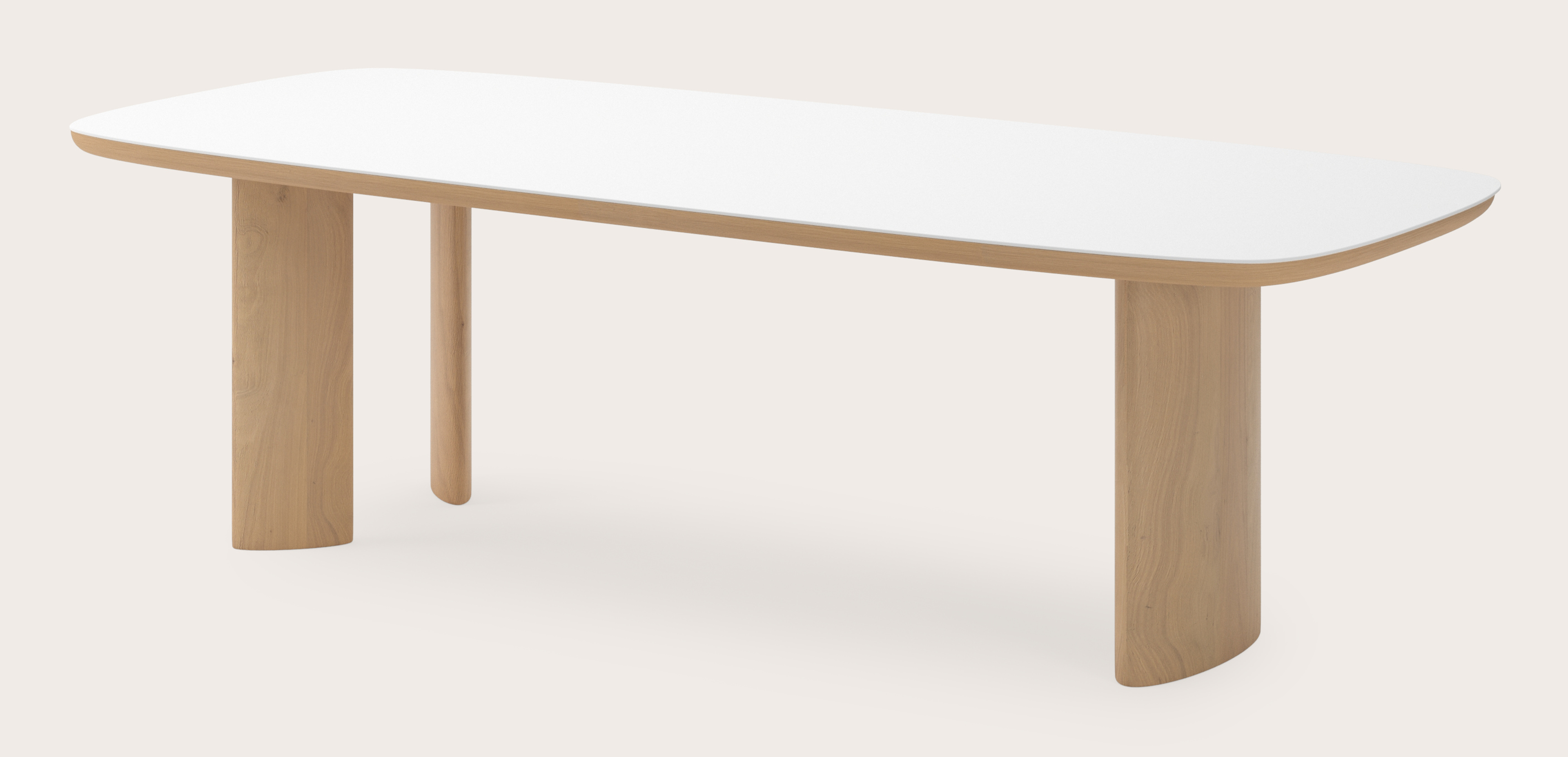 Table de salle à manger Amato Ellipso armature en chêne couleur naturelleavec plateau Ceramo forme arrondie en céramique en couleur Arctic White 260 x 110 x 76 cm