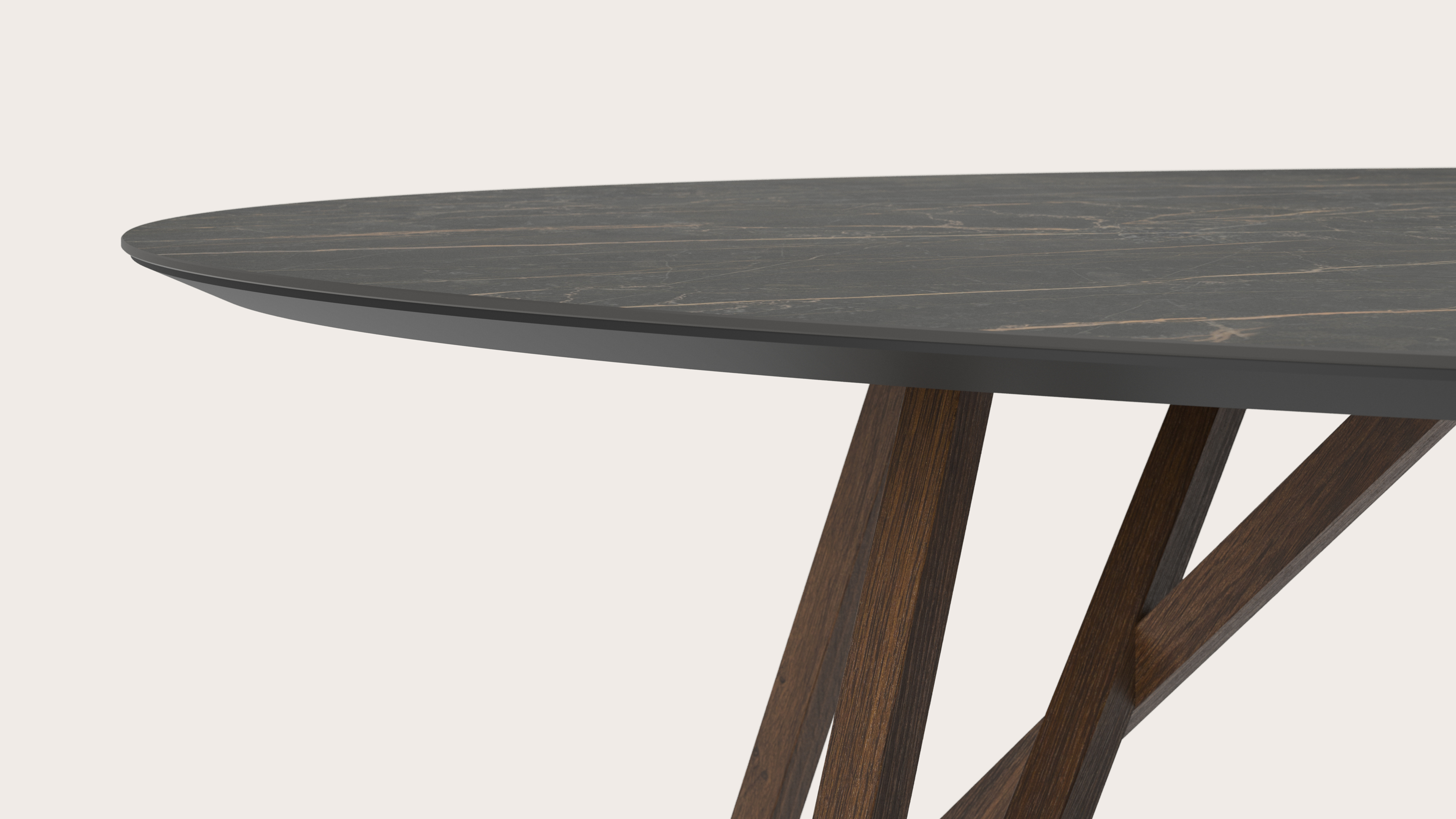 Table de salle à manger Ragno armature en chêne fumé avec plateau Ceramo ovale en céramique en couleur Black Obsession 300 x 140 x 77 cm