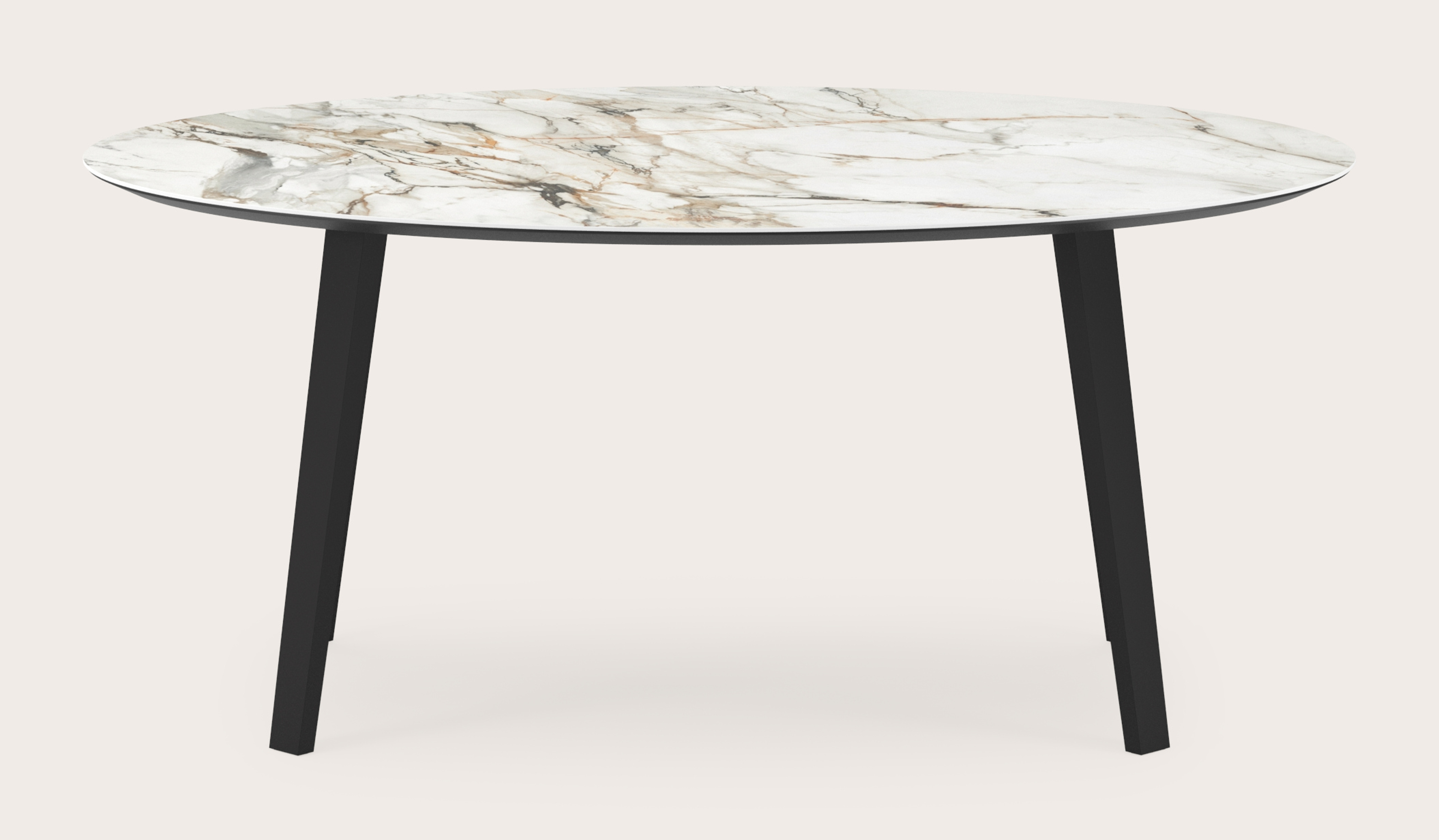Eettafel Clino onderstel in zwart metaal met ovaal volkeramisch Ceramo blad in kleur Calacatta Luxe  180 x 110 x 77 cm