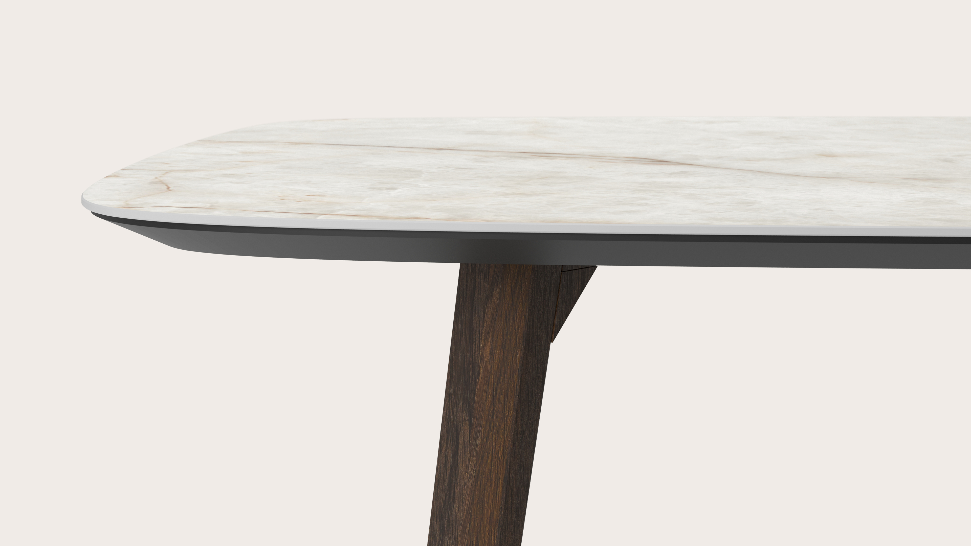 Eettafel Clino onderstel in gerookte eik met bootvormig volkeramisch Ceramo blad in kleur Himalaya 260 x 110 x 77 cm