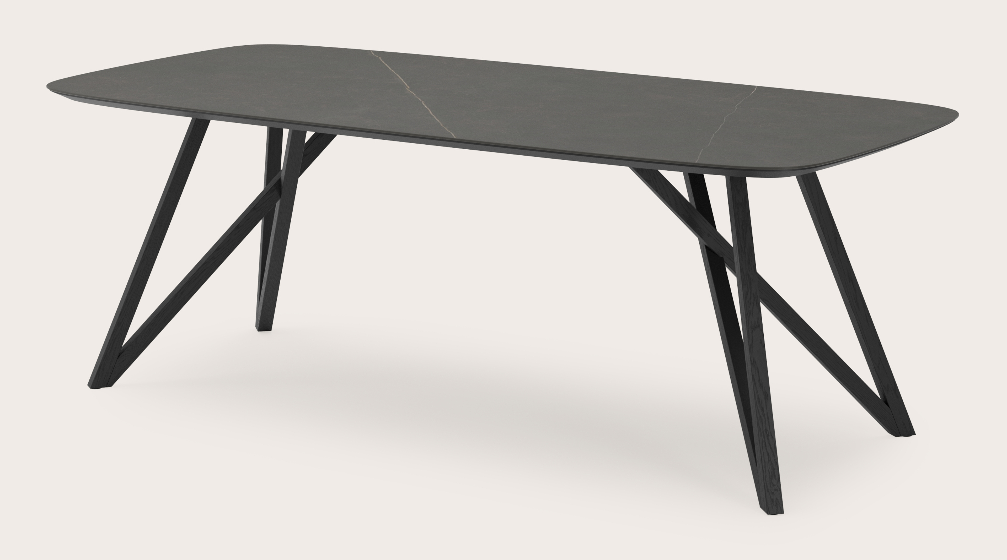 Eettafel Ragno onderstel in zwarte eik met bootvormig volkeramisch Ceramo blad in kleur Calatorao 220 x 105 x 77 cm