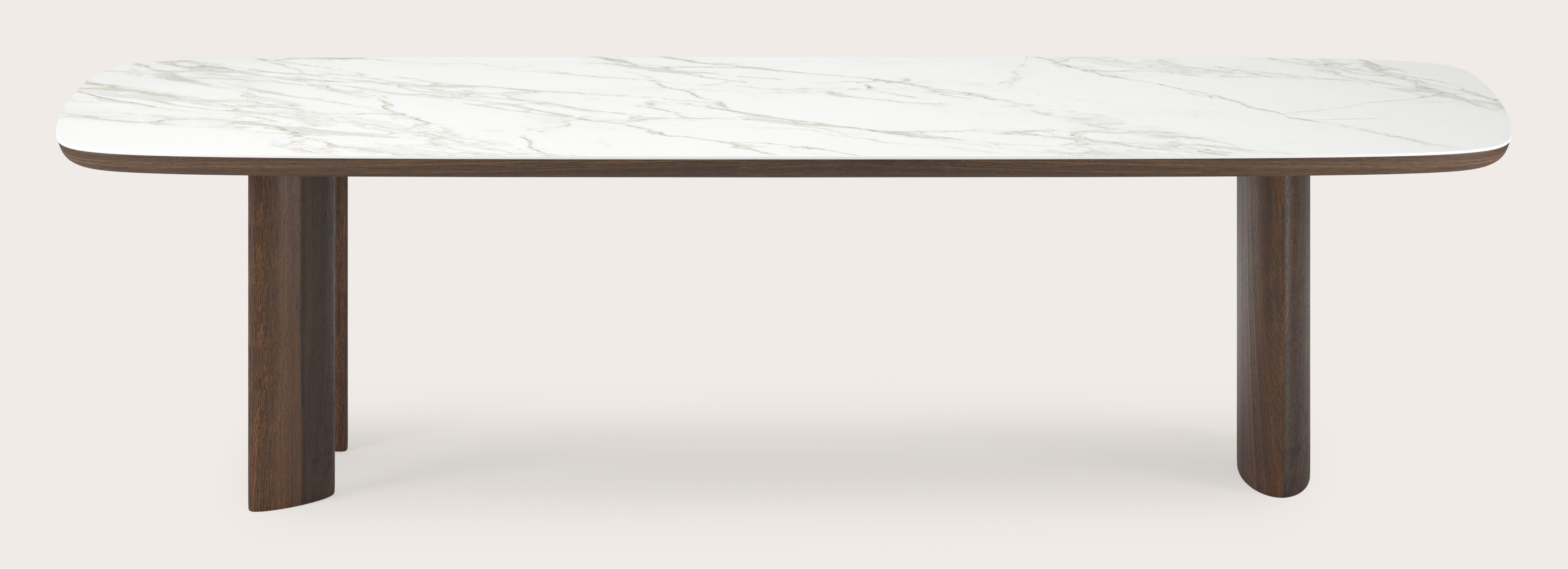 Eettafel Amato Ellipso onderstel in gerookte eik met bootvormig volkeramisch Ceramo blad in kleur Calacatta 300 x 115 x 76 cm