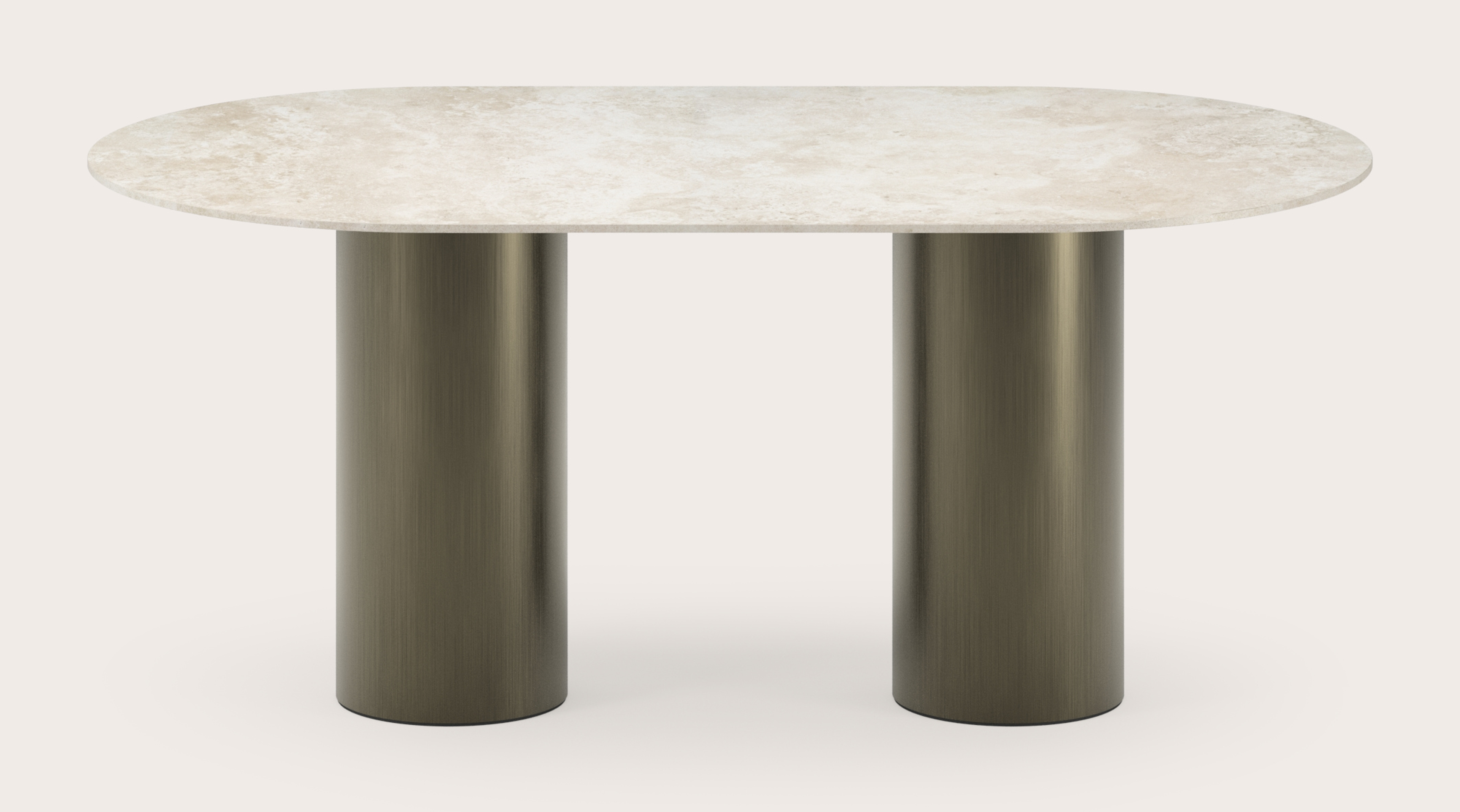 Eettafel Amato Rondo onderstel in bronskleurig metaal met plat ovaal volkeramisch Ceramo Lux eettafelblad in kleur Rapolano 180x100 cm