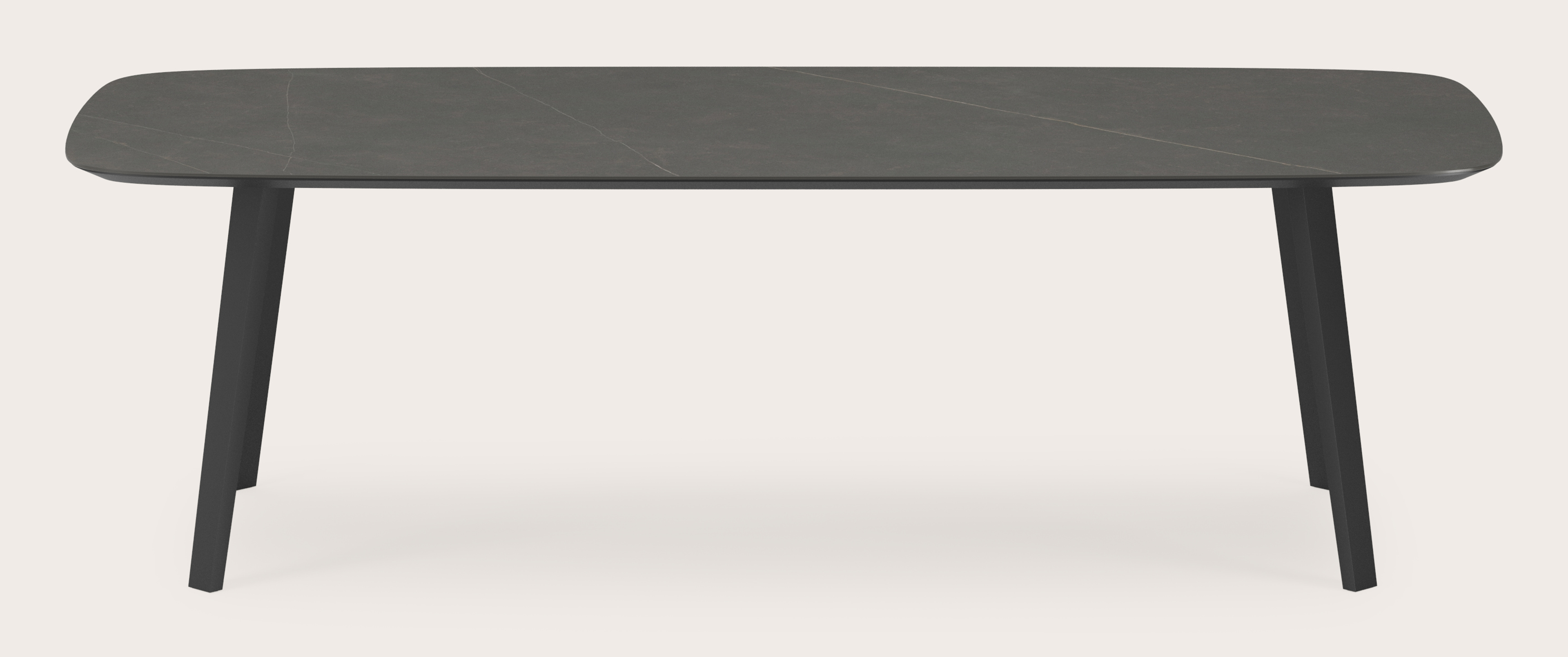 Eettafel Clino onderstel in zwart metaal met bootvormig volkeramisch Ceramo blad in kleur Calatorao 260 x 110 x 77 cm