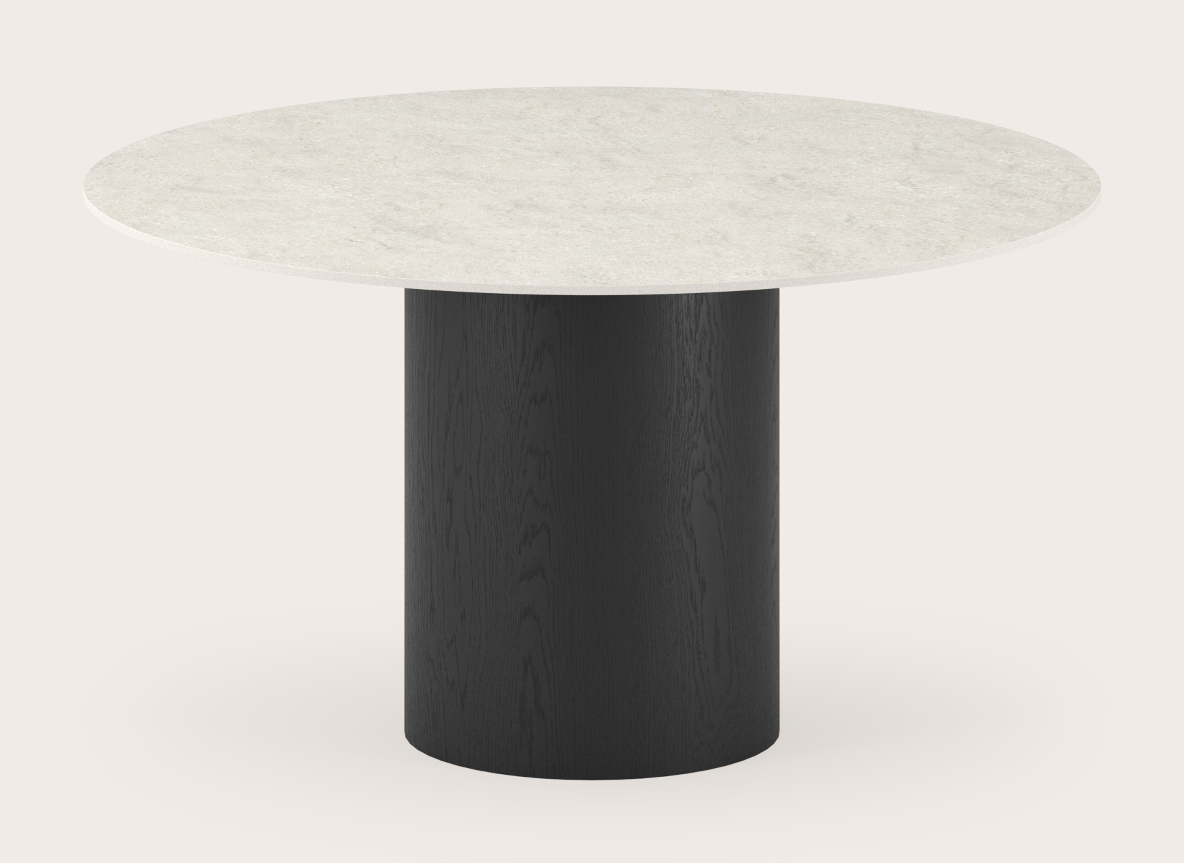 Eettafel low dining Amato Rondo onderstel in zwarte eik met rond volkeramisch Ceramo Lux blad in kleur Shilin Ø130 x 69 cm