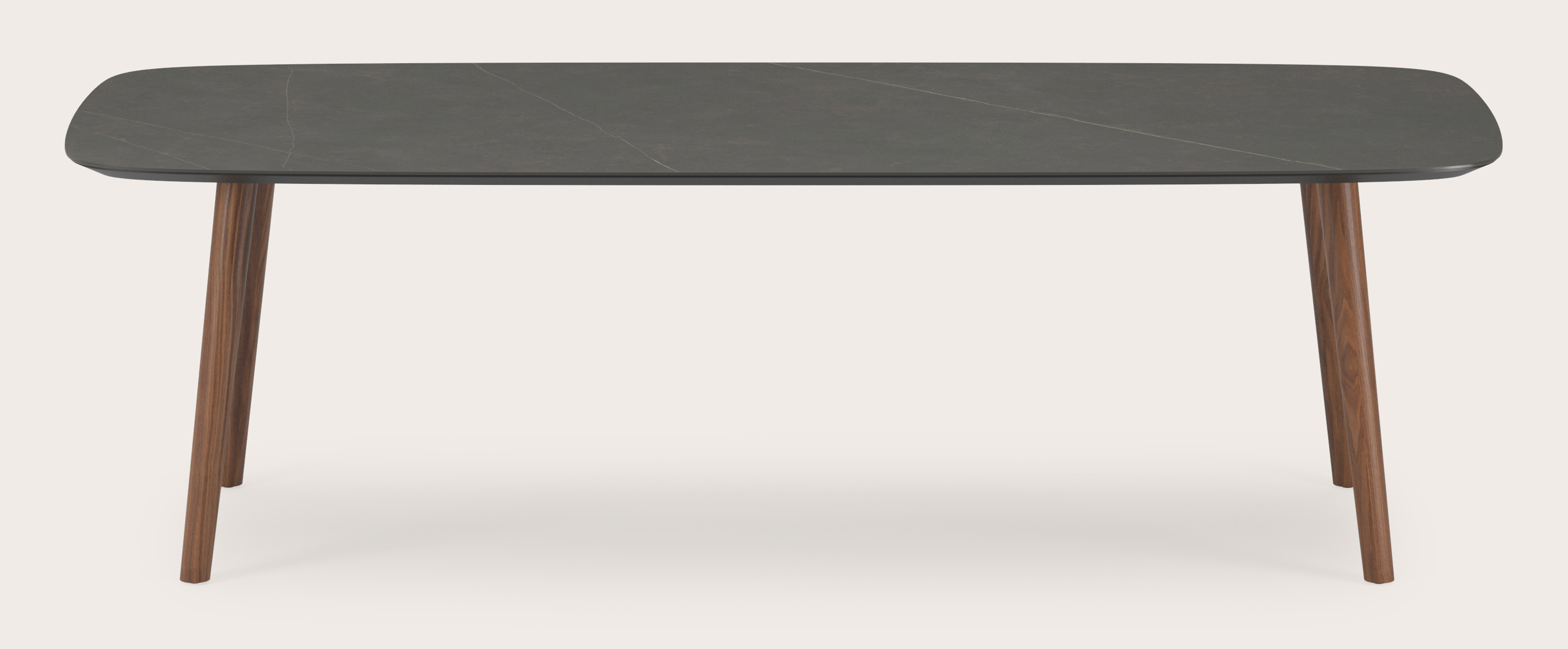 Table de salle à manger Conico armature en noyer avec plateau Ceramo forme arrondi en céramique en couleur Calatorao 260 x 110 x 77 cm