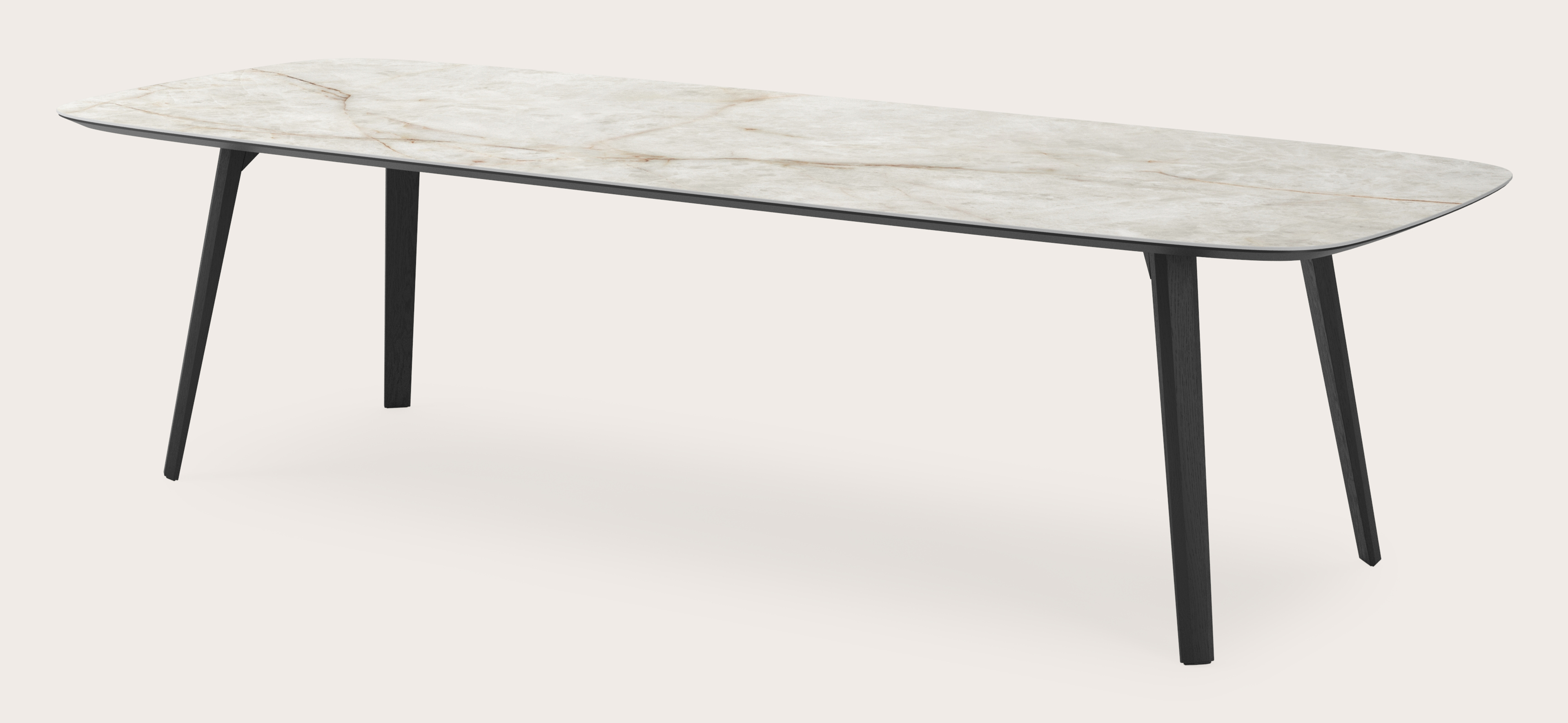 Table de salle à manger Clino armature en chêne noir avec plateau Ceramo forme arrondi en céramique en couleur Himalaya 300 x 115 x 77 cm