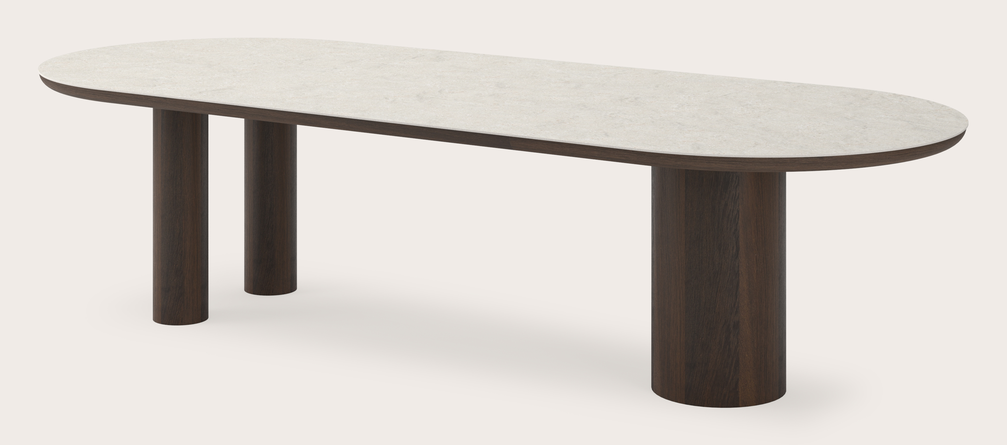 Table de salle à manger Amato Rondo armature en chêne fumé avec plateau Ceramo ovale plat en céramique en couleur Shilin 300 x 120 x 76 cm