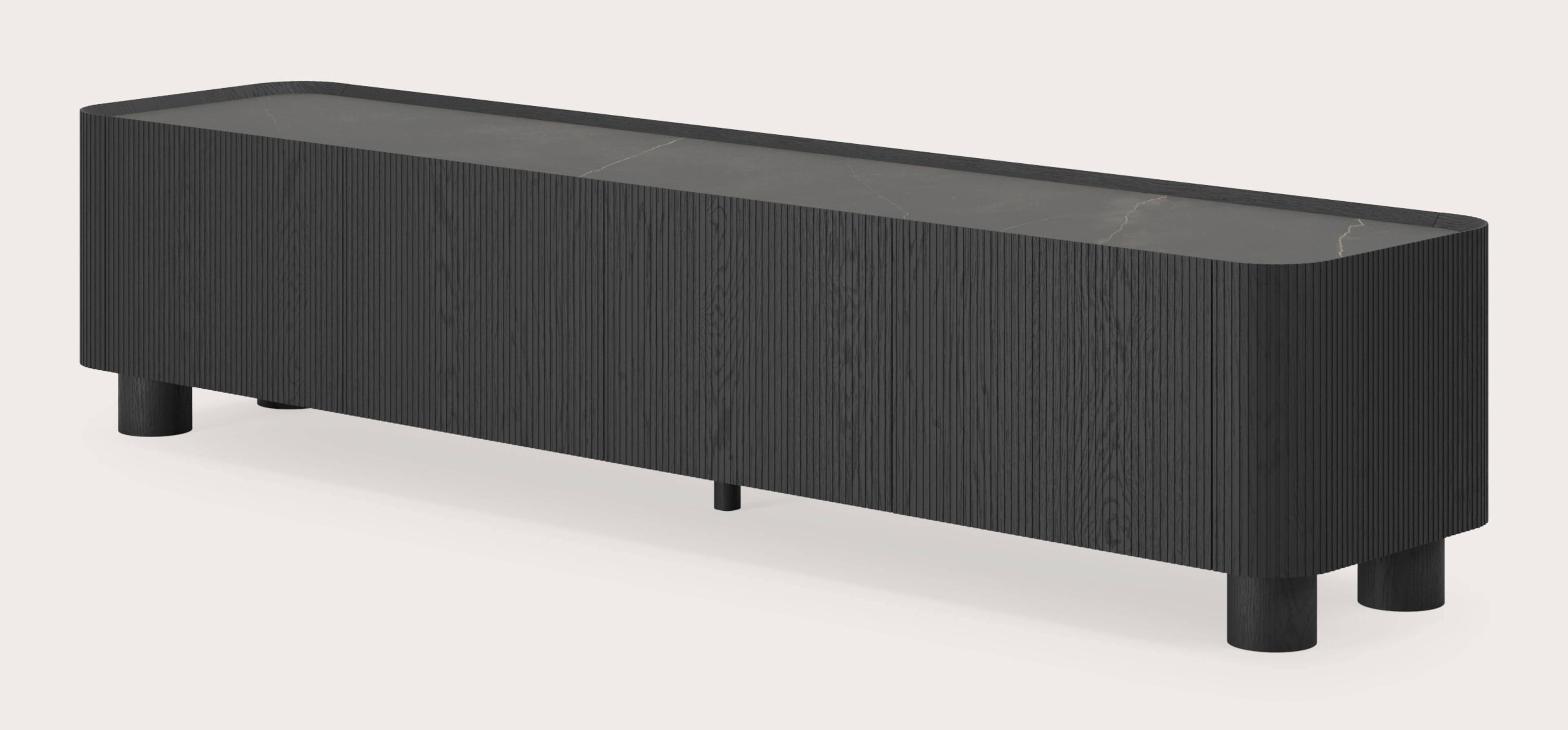 Meuble tv Grivato en chêne noir avec pieds ronds avec plateau Ceramo rond en céramique en couleur Calatorao 203 x 45 cm