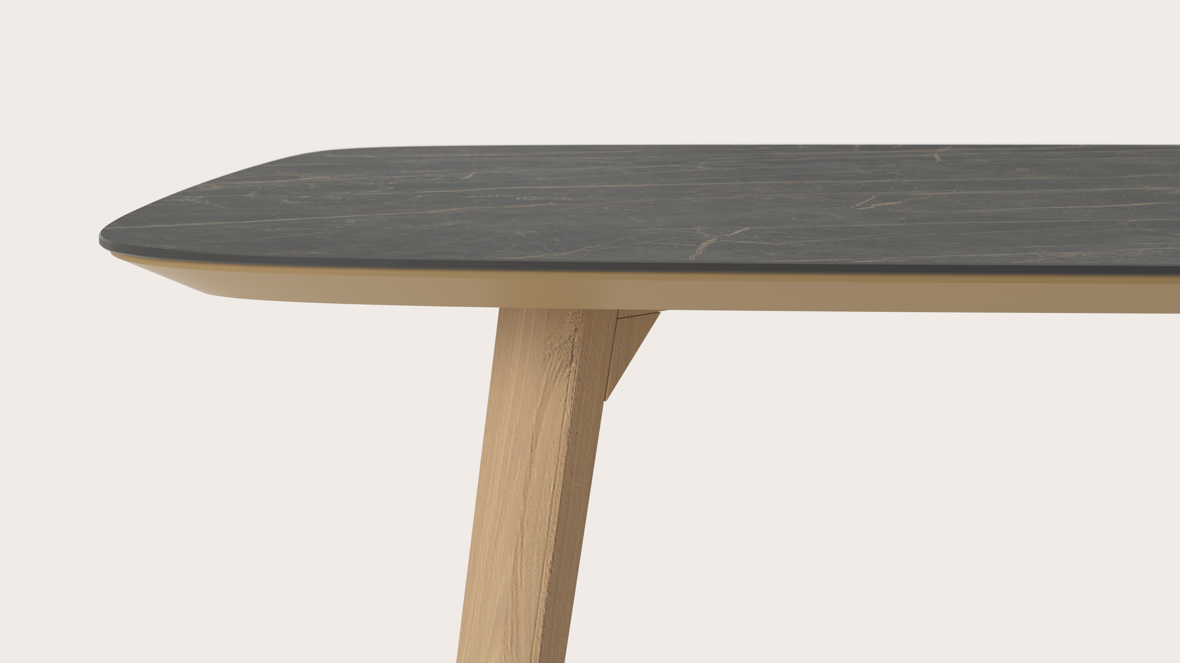 Eettafel Clino onderstel in natuurkleurige eik met bootvormig volkeramisch Ceramo blad in kleur Black Obsession 180 x 100 x 77 cm