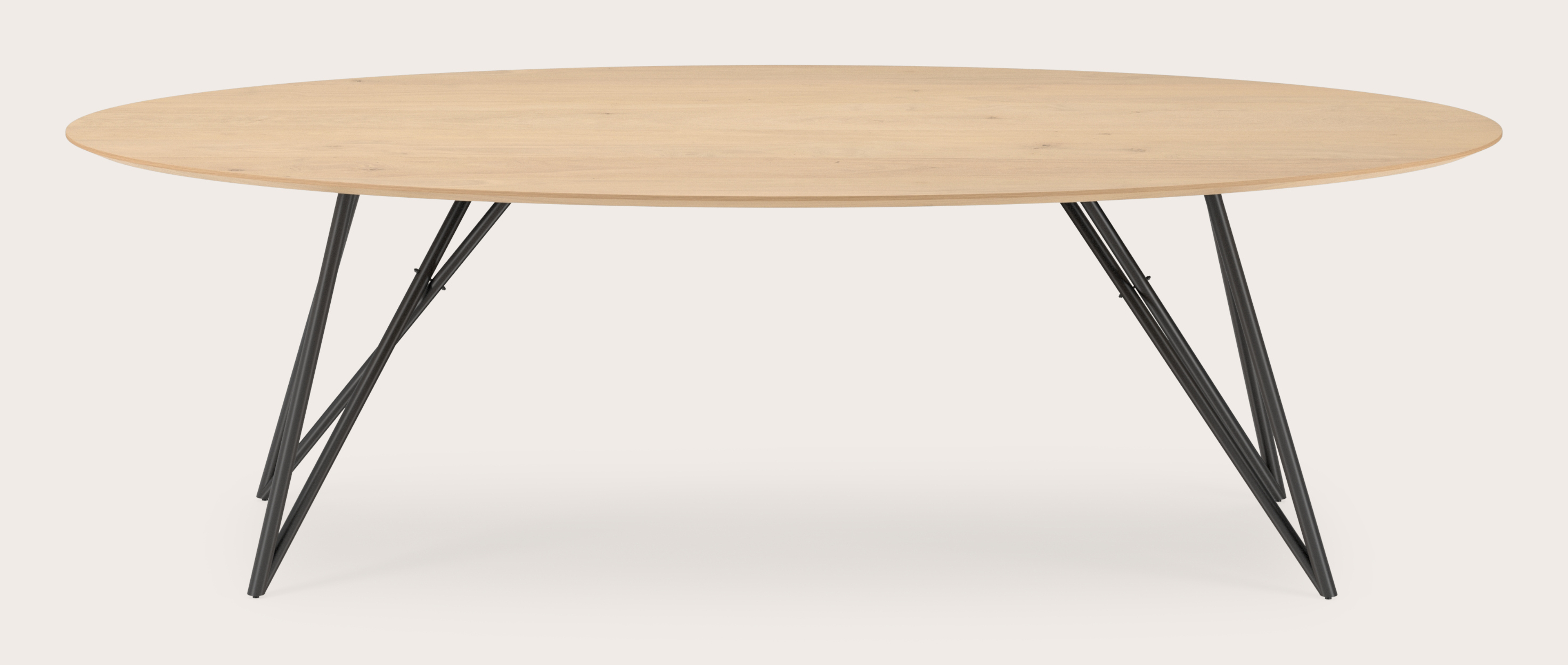 Table de salle à manger Ragno armature en métal noir avec plateau Finesso en forme ovale en chêne couleur naturelle 260 x 130 x 77 cm
