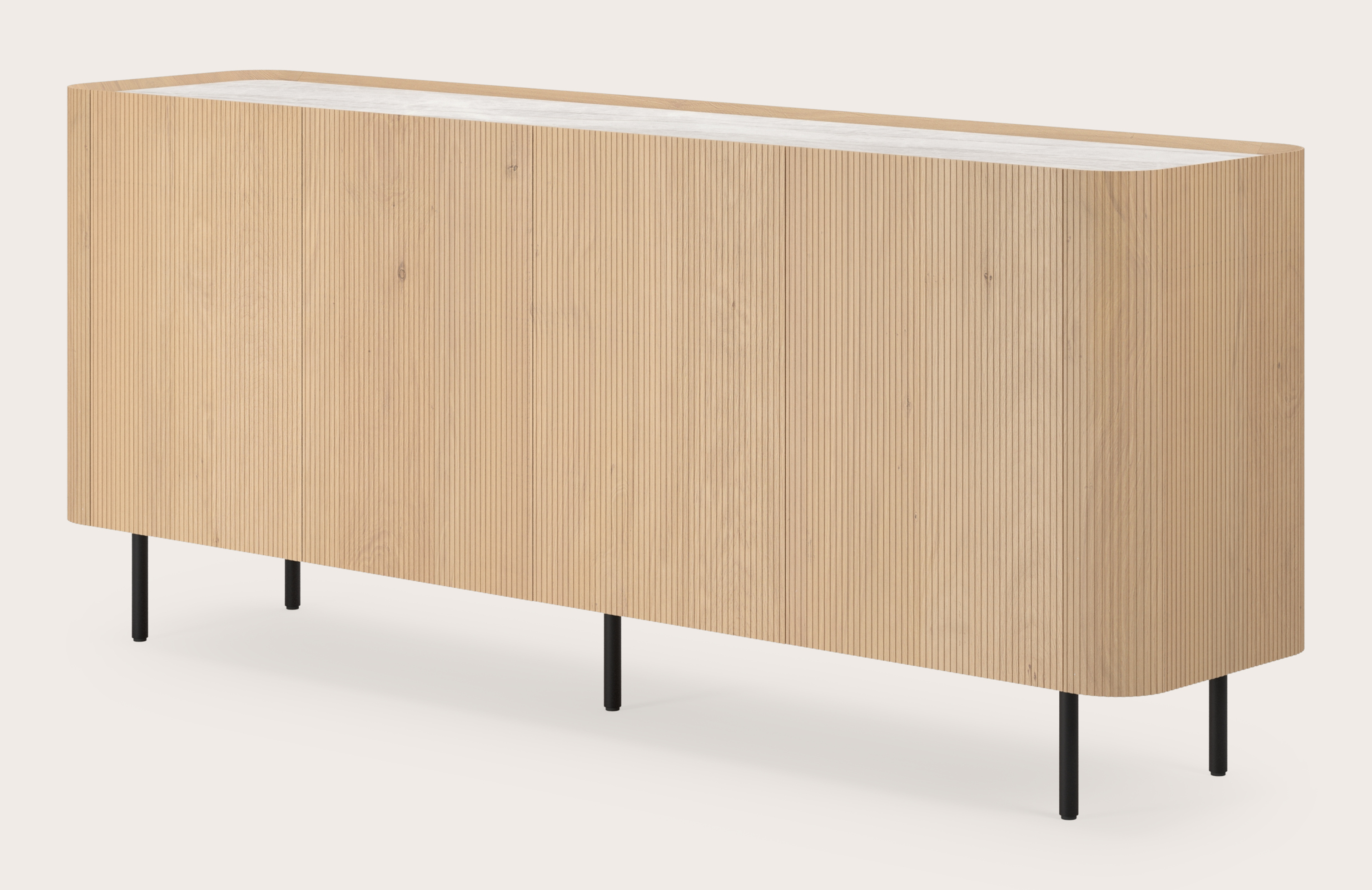 Grivato dressoir in natuurkleurige eik met ronde poten met volkeramisch Ceramo blad in kleur Taj Mahal 203 x 45 cm