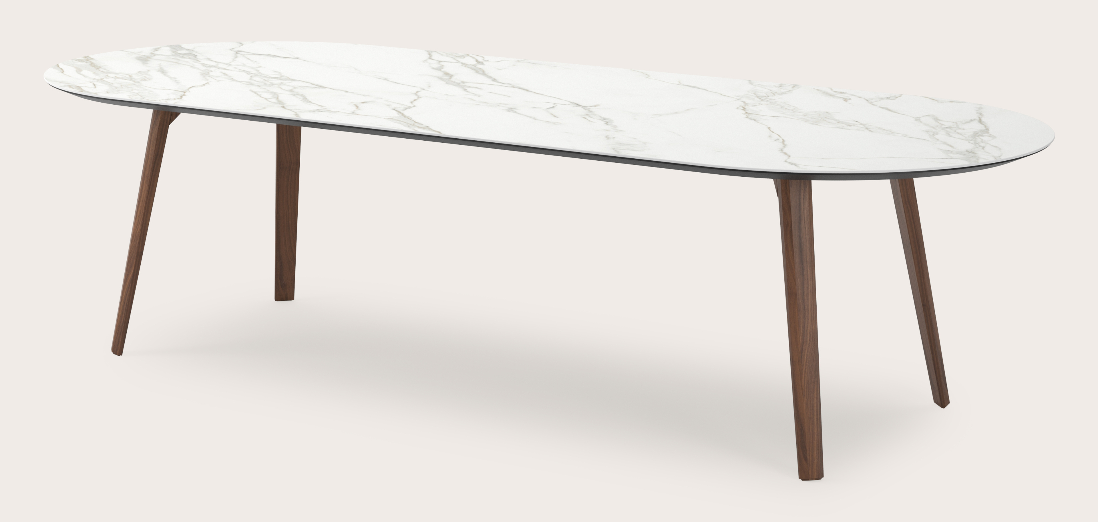 Table de salle à manger Clino armature en noyer avec plateau Ceramo ovale plat en céramique en couleur Calacatta 300 x 120 x 77 cm