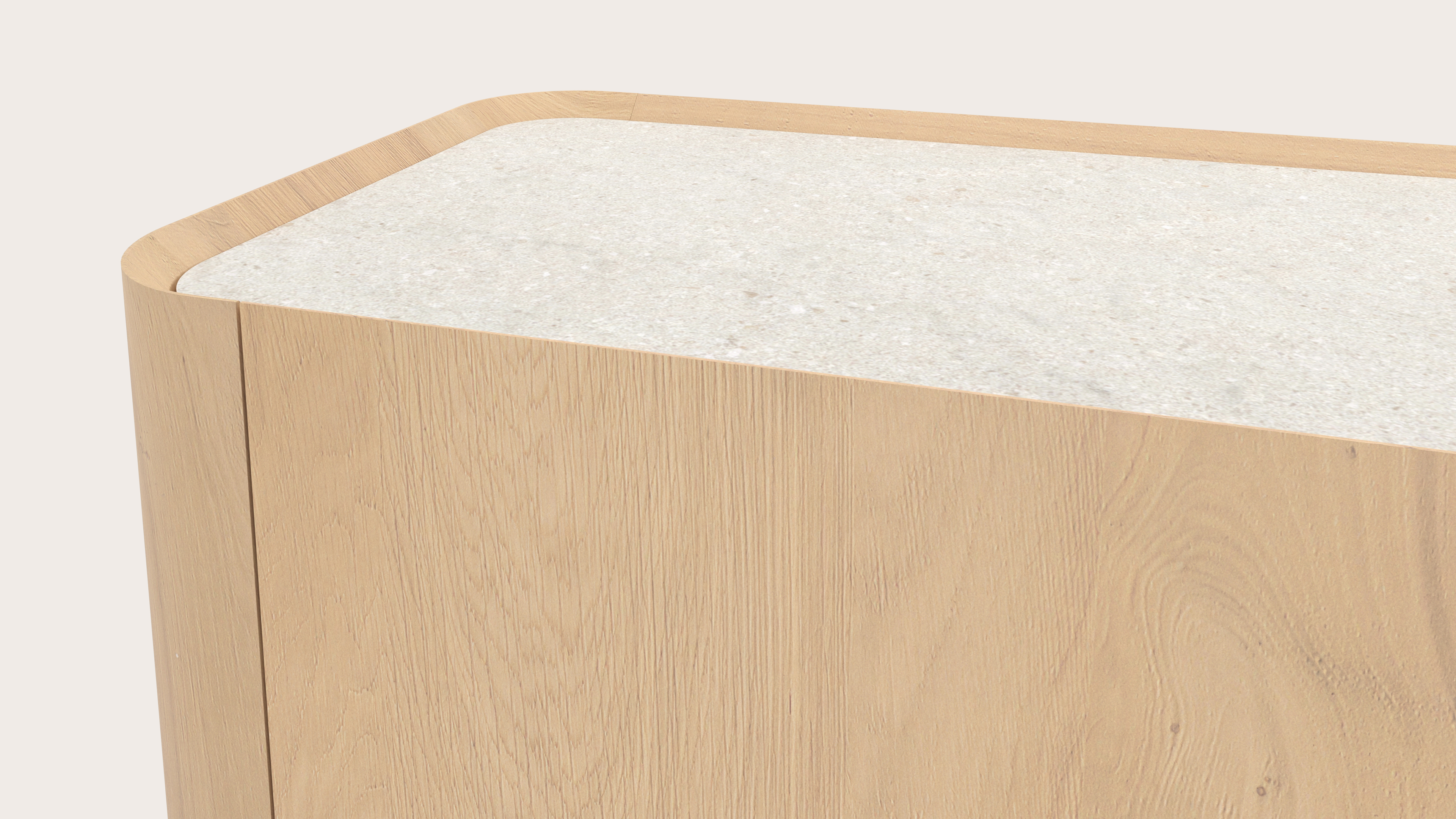 Meuble tv Curvato en chêne couleur naturelle avec pieds ronds en bois avec plateau Ceramo en céramique en couleur Shilin 269 x 45 x 44 cm