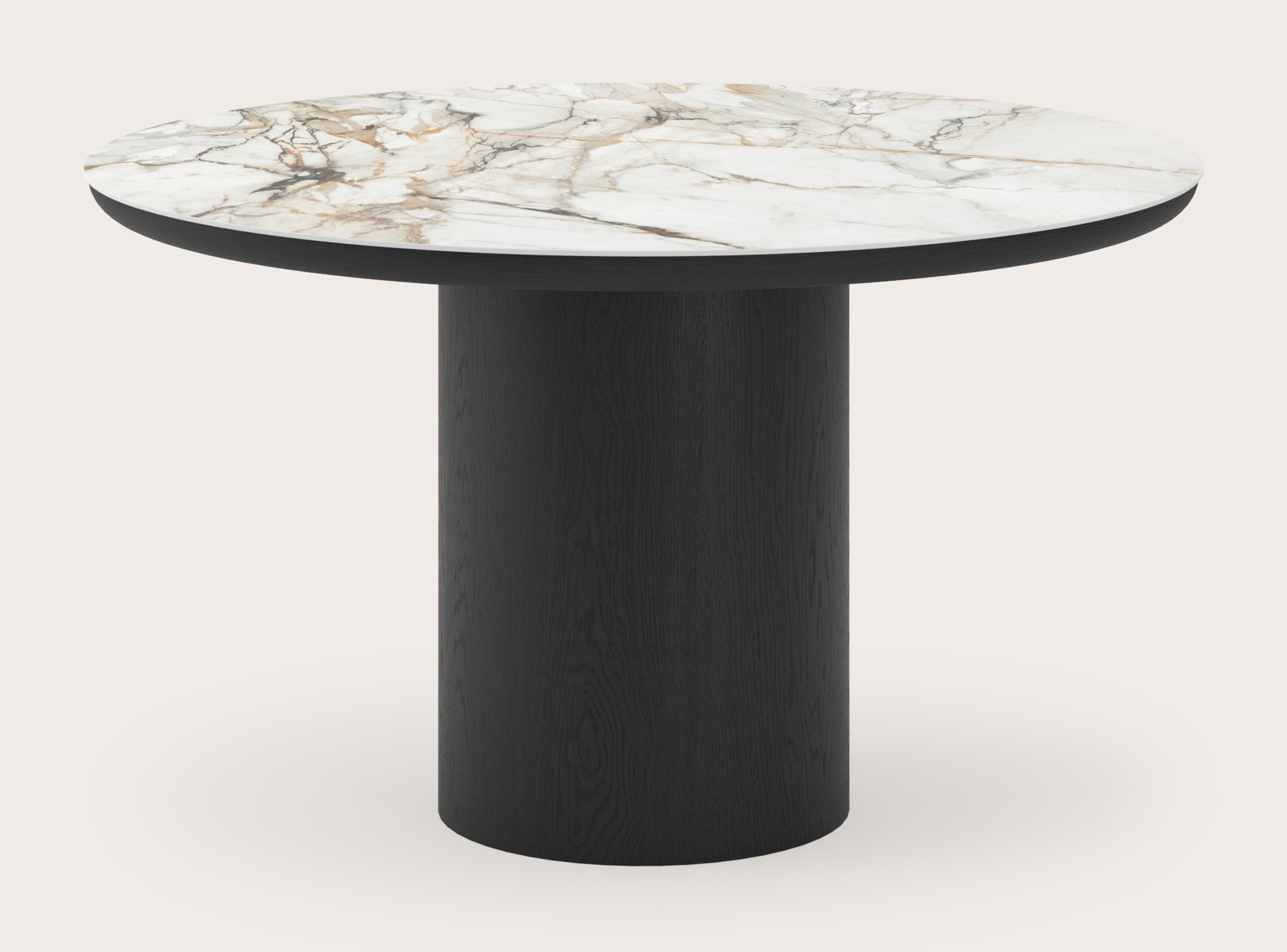 Table de salle à manger Amato Rondo armature en chêne noir avec plateau Ceramo rond en céramique en couleur Calacatta Luxe Ø130 x 76 cm
