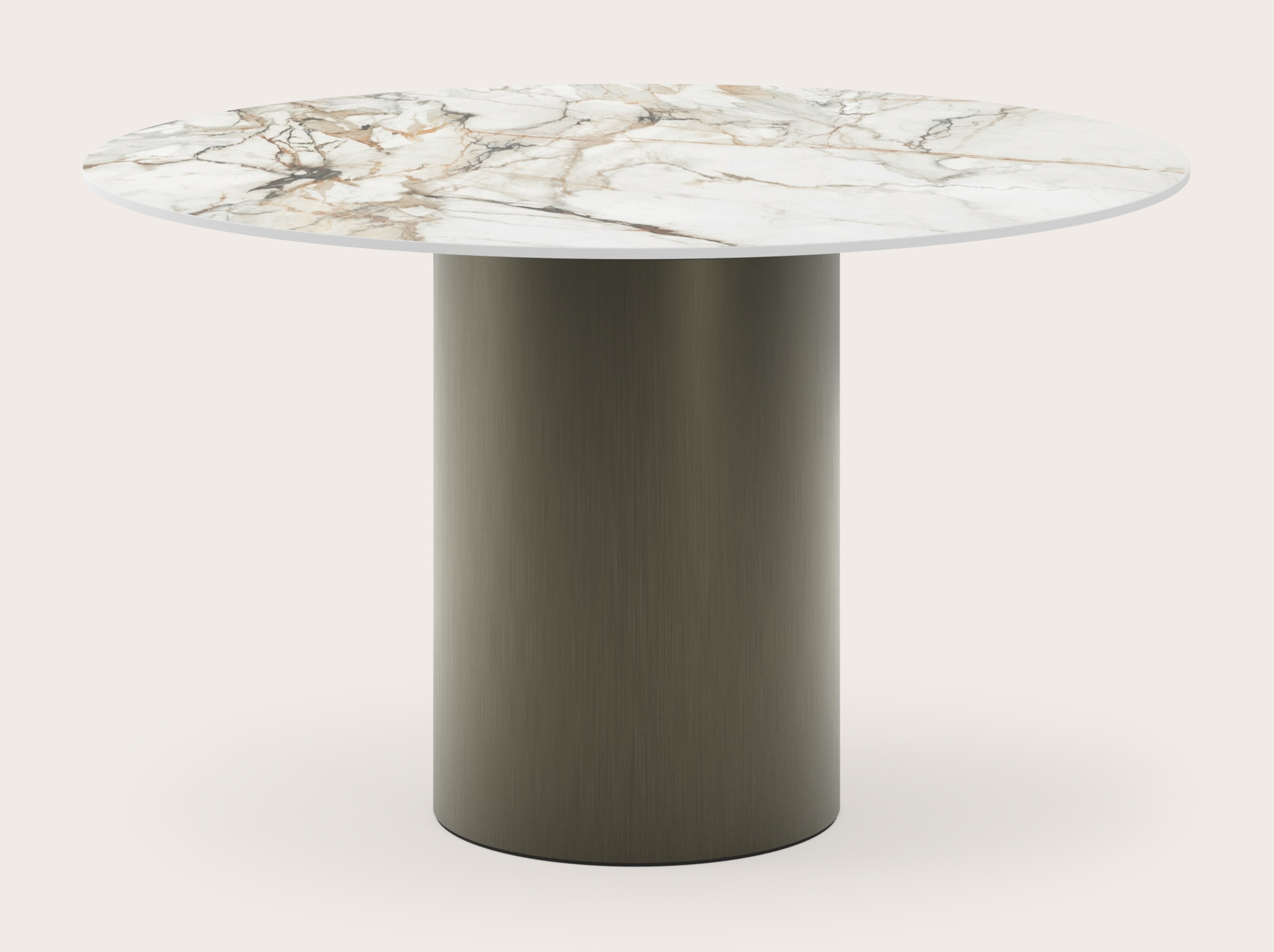 Table à manger Amato Rondo armature en métal bronze avec plateau ronde céramique Ceramo Lux en couleur Calacatta Luxe Ø130 cm