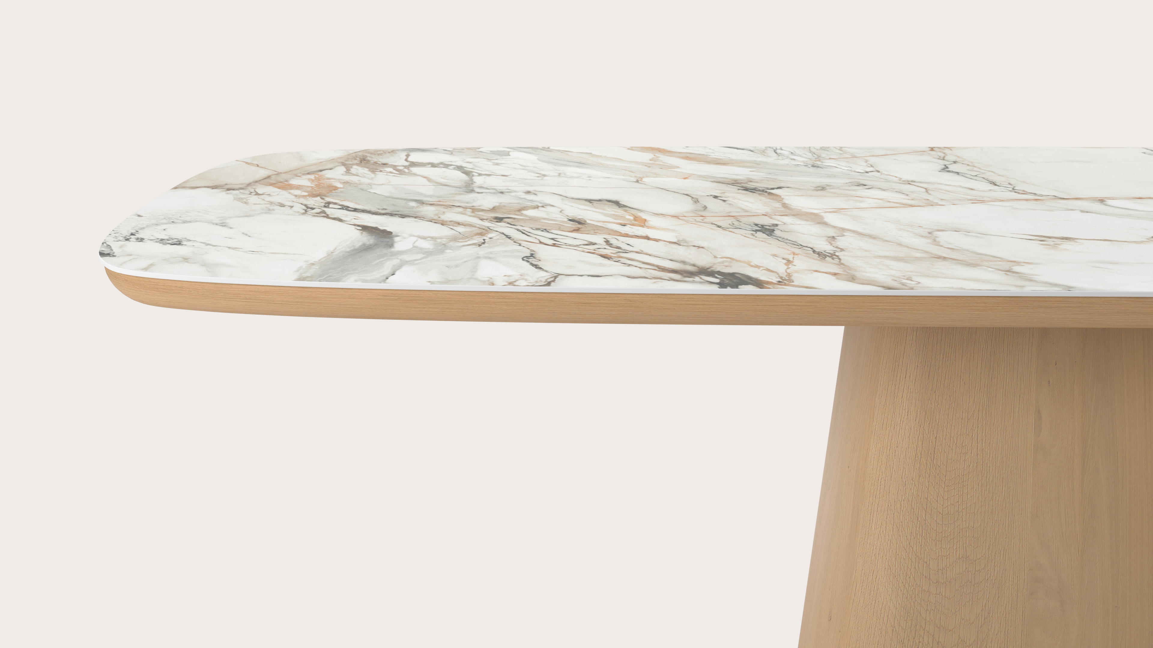Eettafel Amato Cuadro onderstel in chêne couleur naturelle avec plateau Ceramo forme arrondie en céramique en couleur Calacatta Luxe 260 x 110 x 77 cm
