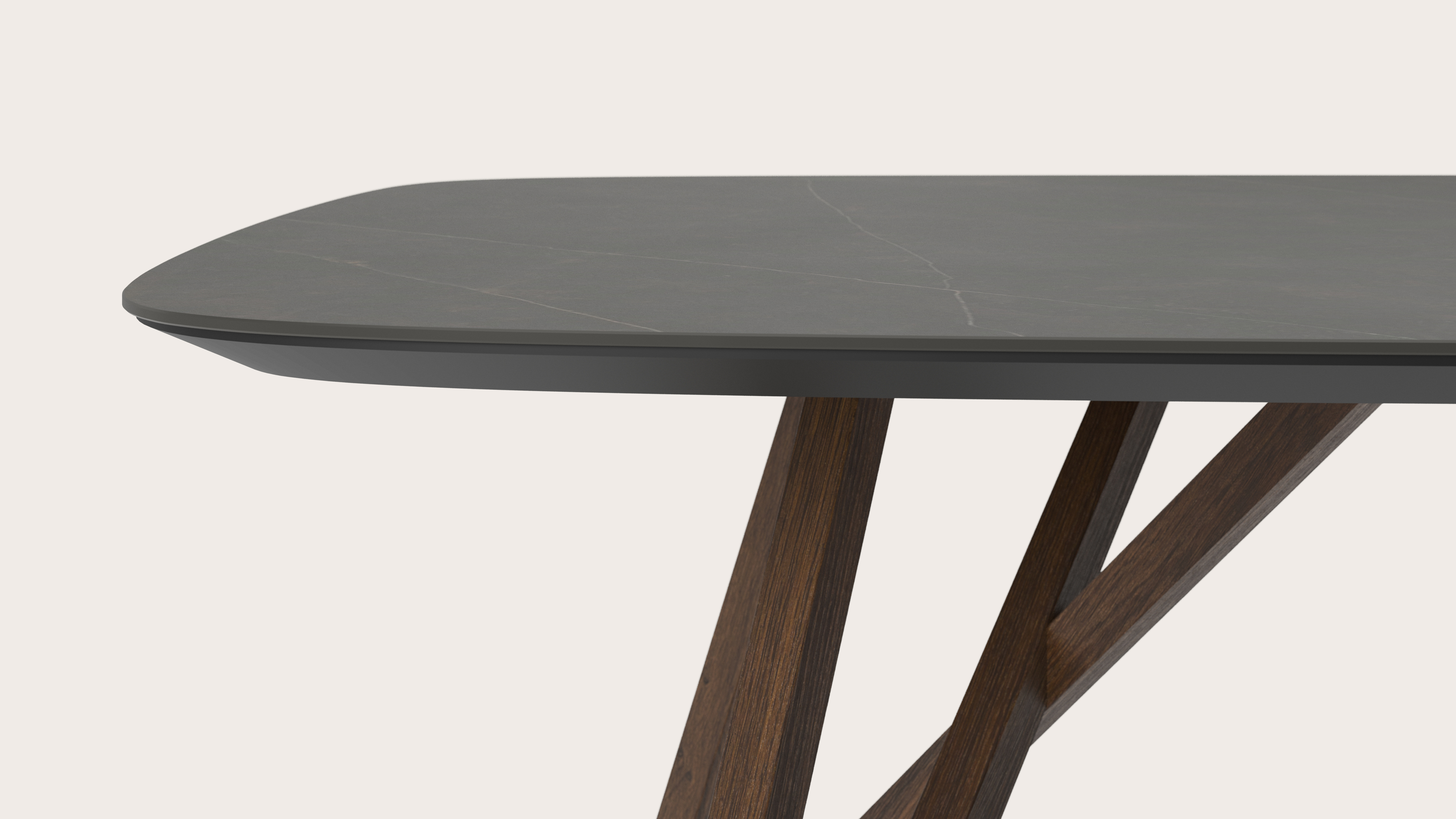 Table de salle à manger Ragno armature en chêne fumé avec plateau Ceramo forme arrondie en céramique en couleur Calatorao 260 x 110 x 77 cm