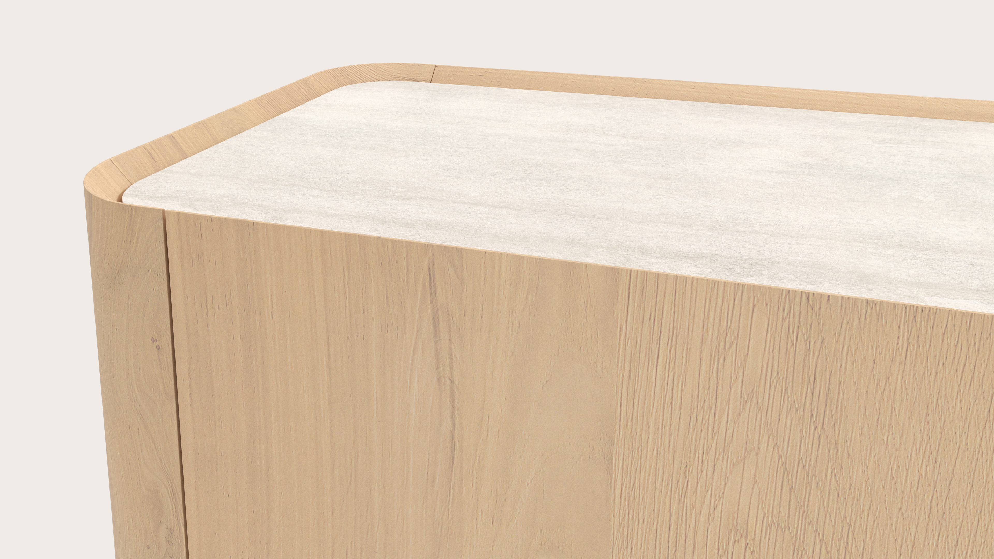 Curvato dressoir in natuurkleurige eik met ronde houten poten met volkeramisch Ceramo blad in kleur Travertino Bianco 269 x 45 x 76 cm