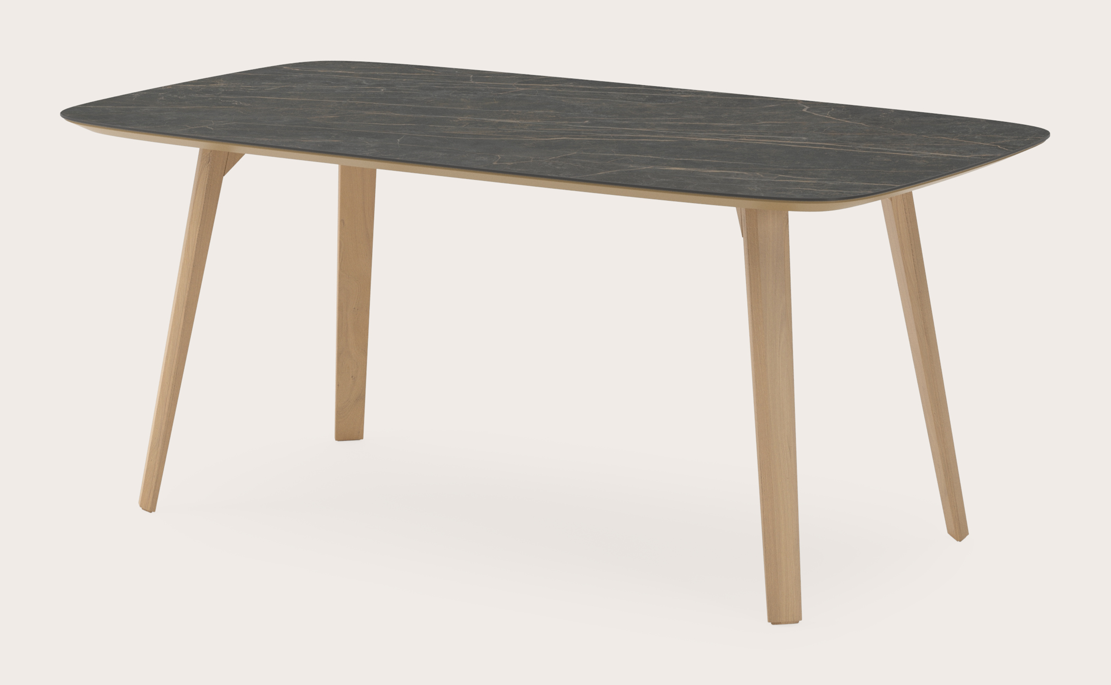 Eettafel Clino onderstel in natuurkleurige eik met bootvormig volkeramisch Ceramo blad in kleur Black Obsession 180 x 100 x 77 cm