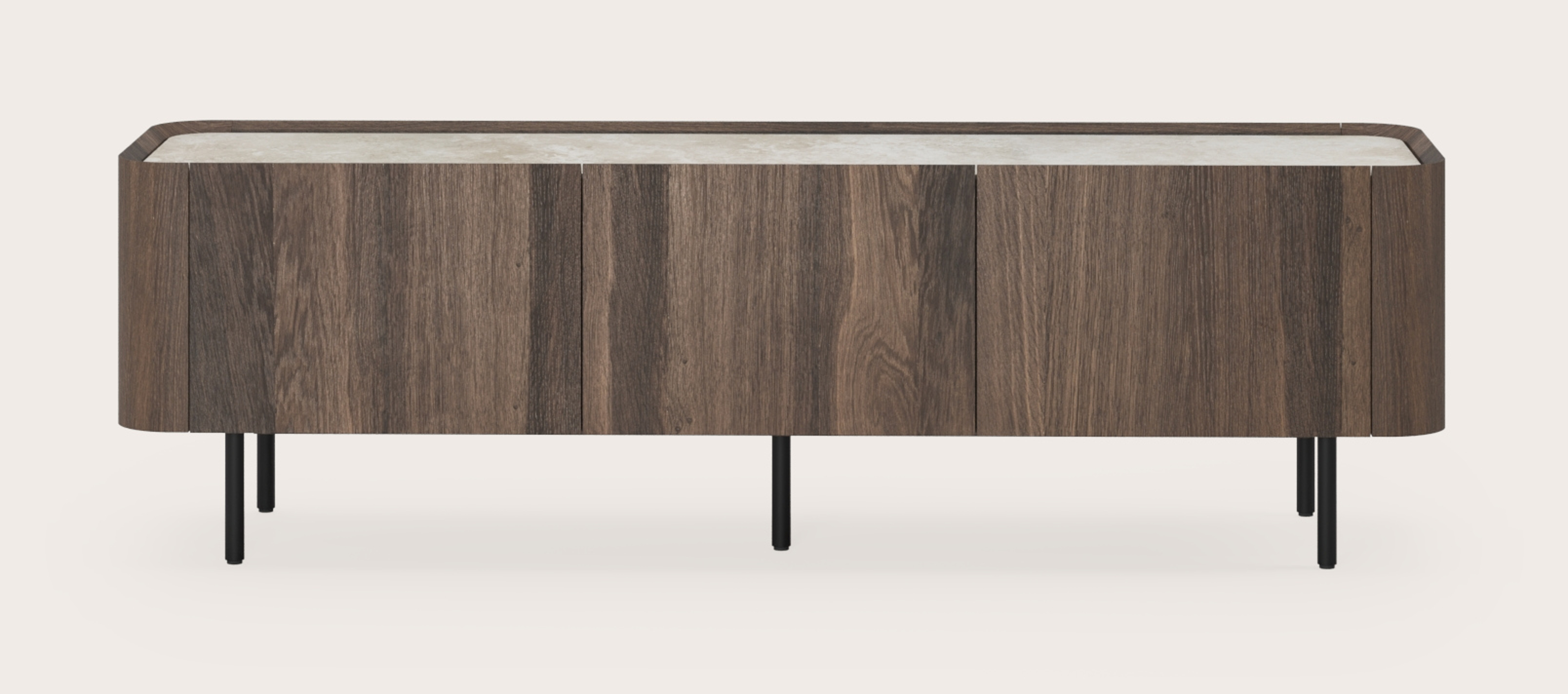 Meuble tv Curvato en chêne fumé avec pieds ronds en métal avec plateau Ceramo en céramique en couleur Rapolano 169 x 45 x 52 cm