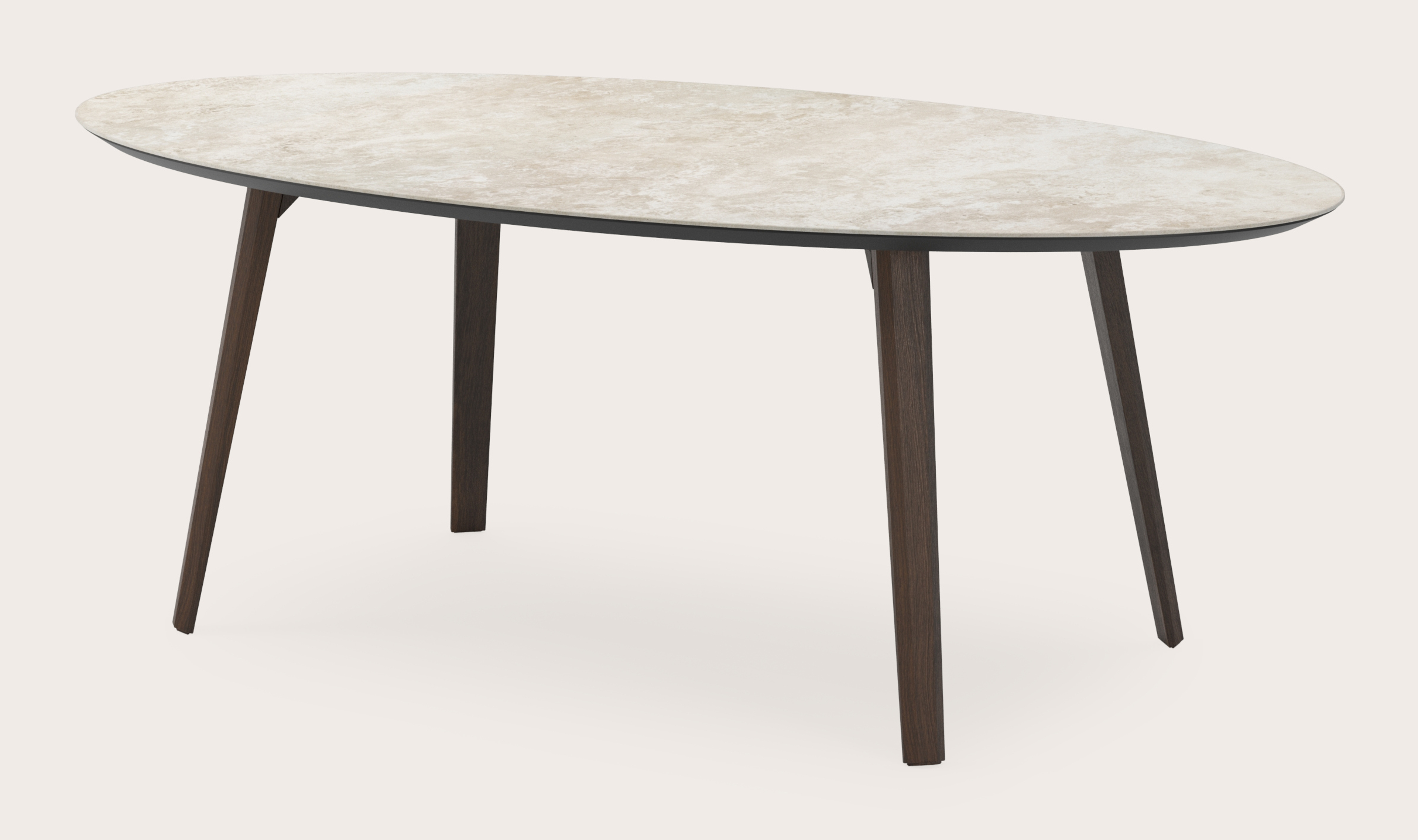 Eettafel Clino onderstel in gerookte eik met ovaal volkeramisch Ceramo blad in kleur Rapolano 220 x 120 x 77 cm