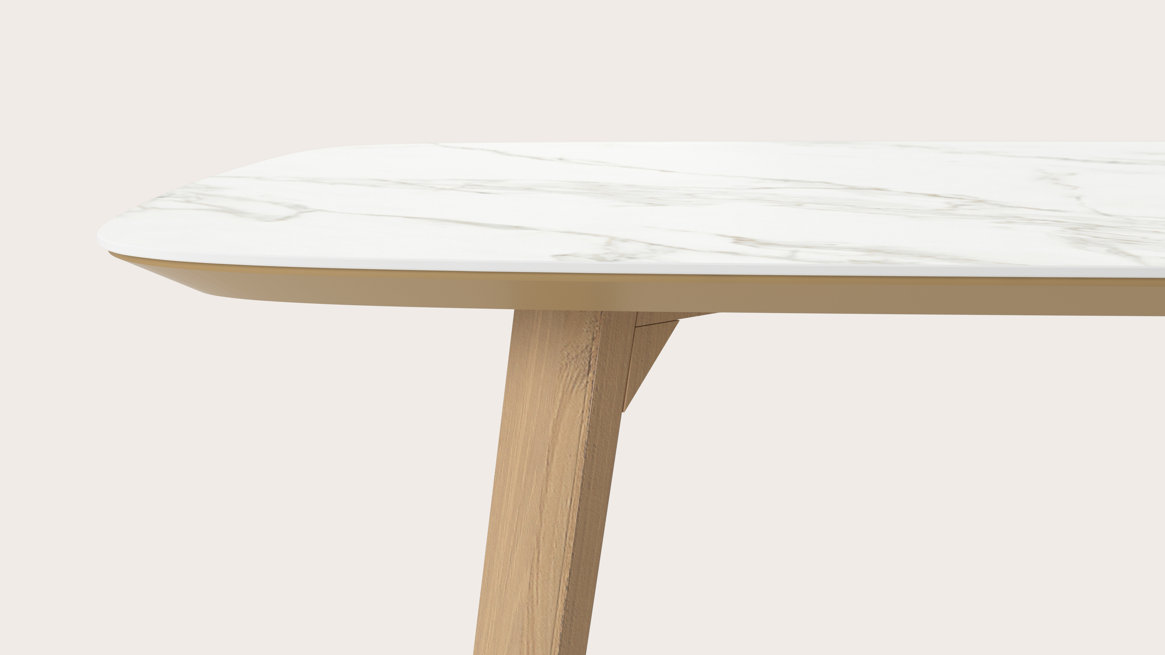 Table de salle à manger Clino armature en chêne couleur naturelle avec plateau Ceramo forme arrondi en céramique en couleur  Calacatta 220 x 105 x 77 cm