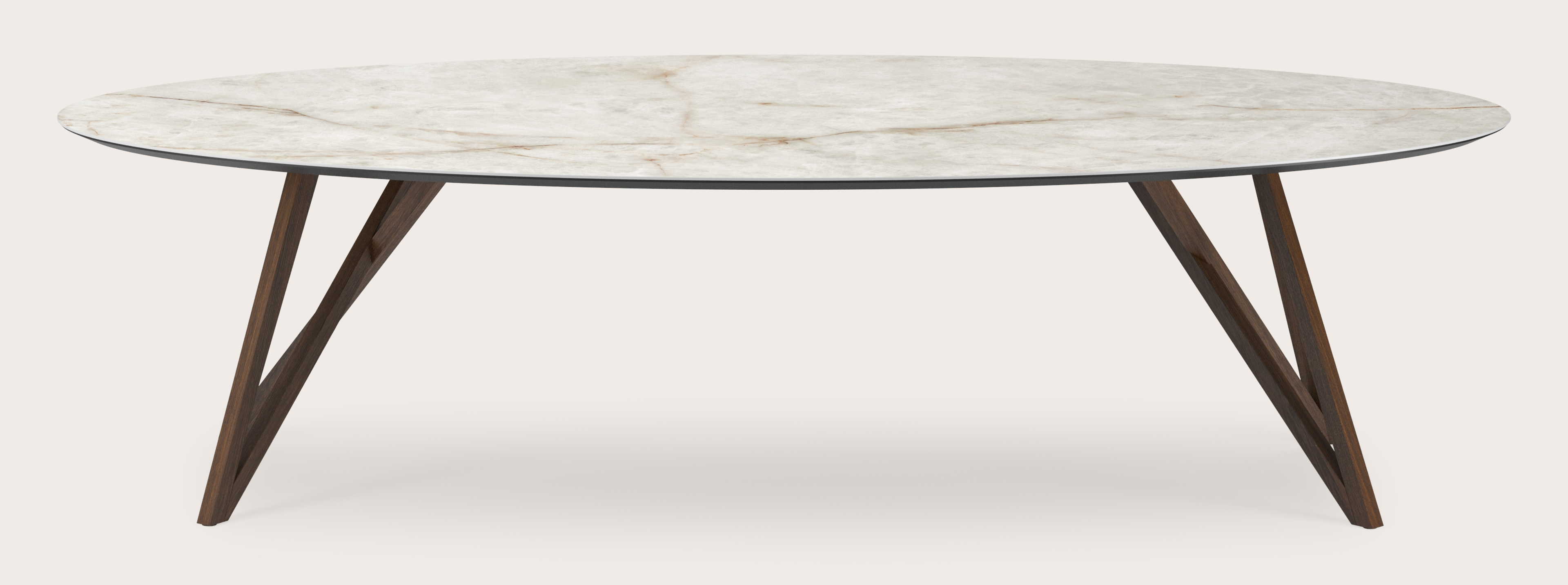 Table de salle à manger Ragno armature en chêne fumé avec plateau Ceramo ovale en céramique en couleur Himalaya 300 x 140 x 77 cm
